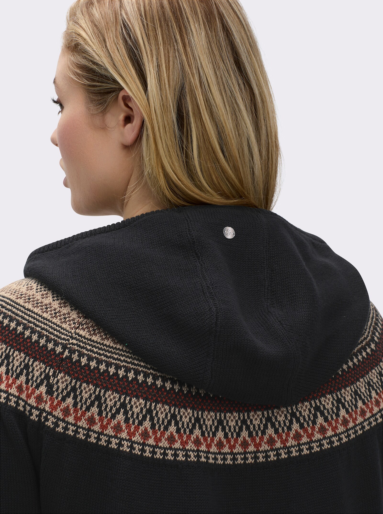 sheego Kapuzenpullover mit Jacquardmuster - schwarz-beige-gemustert