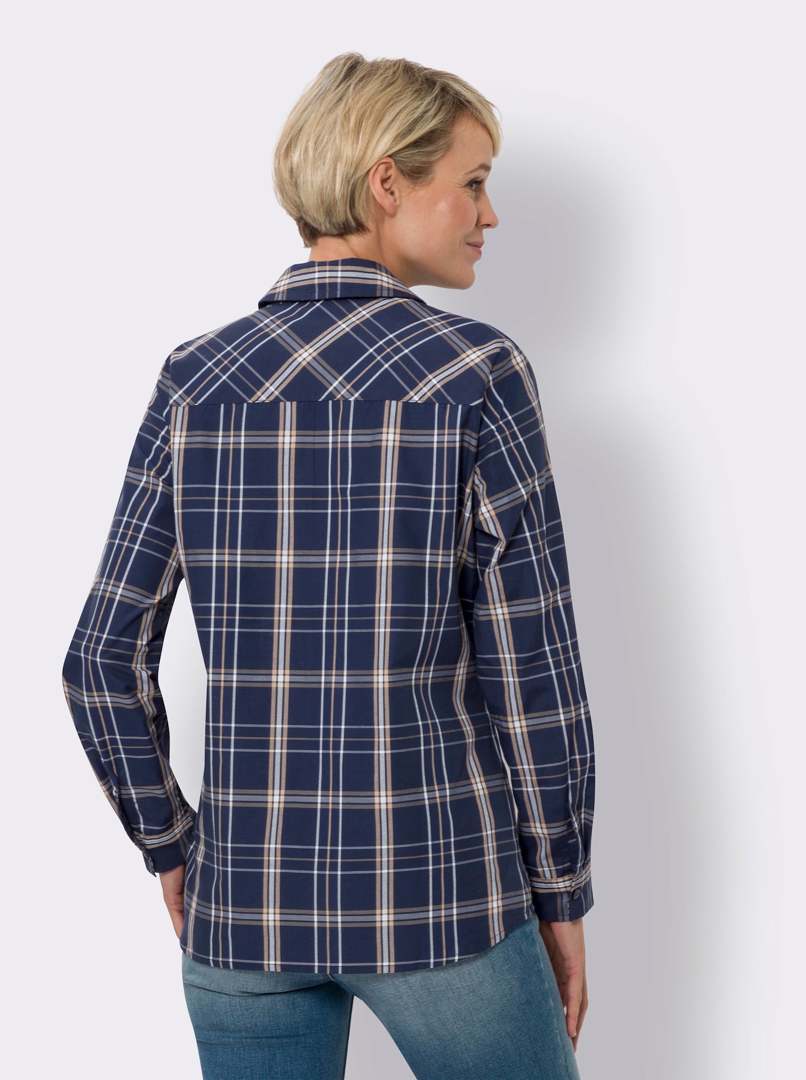 Longbluse mit Karo-Muster - marine-weiss-kariert