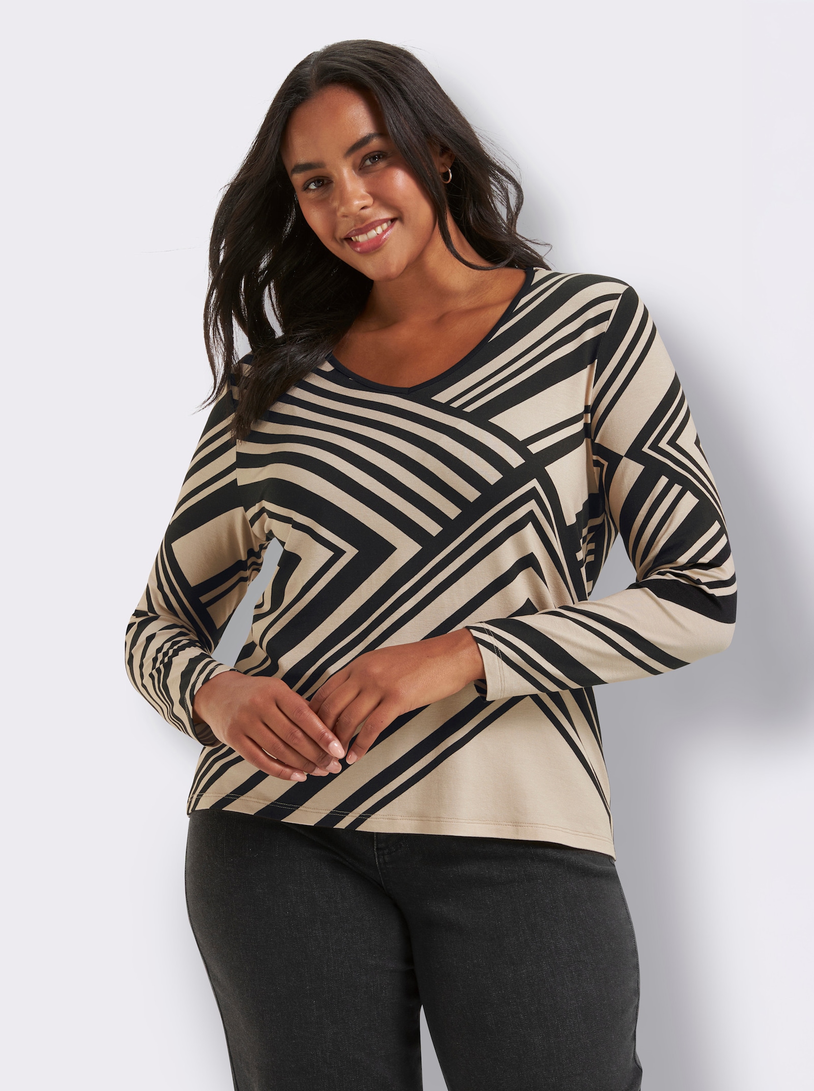 Langarmshirt mit Grafik-Druck - schwarz-sand-bedruckt