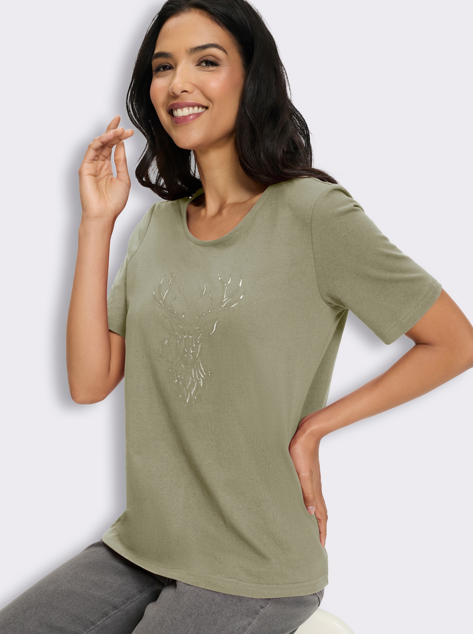 Kurzarmshirt mit Hirsch-Motiv - schilf-oliv