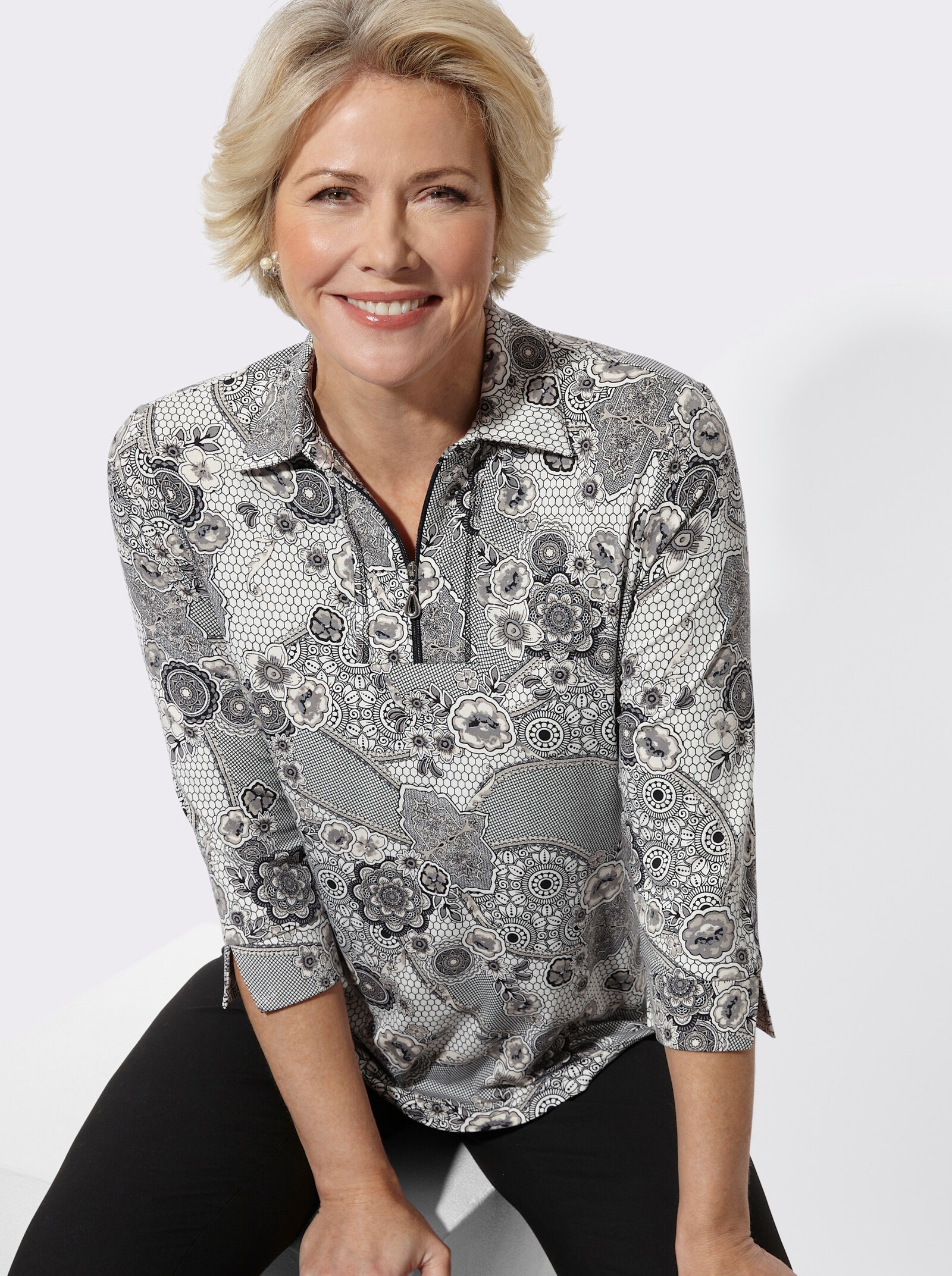 Poloshirt mit floralem Print - ecru-sesam-bedruckt