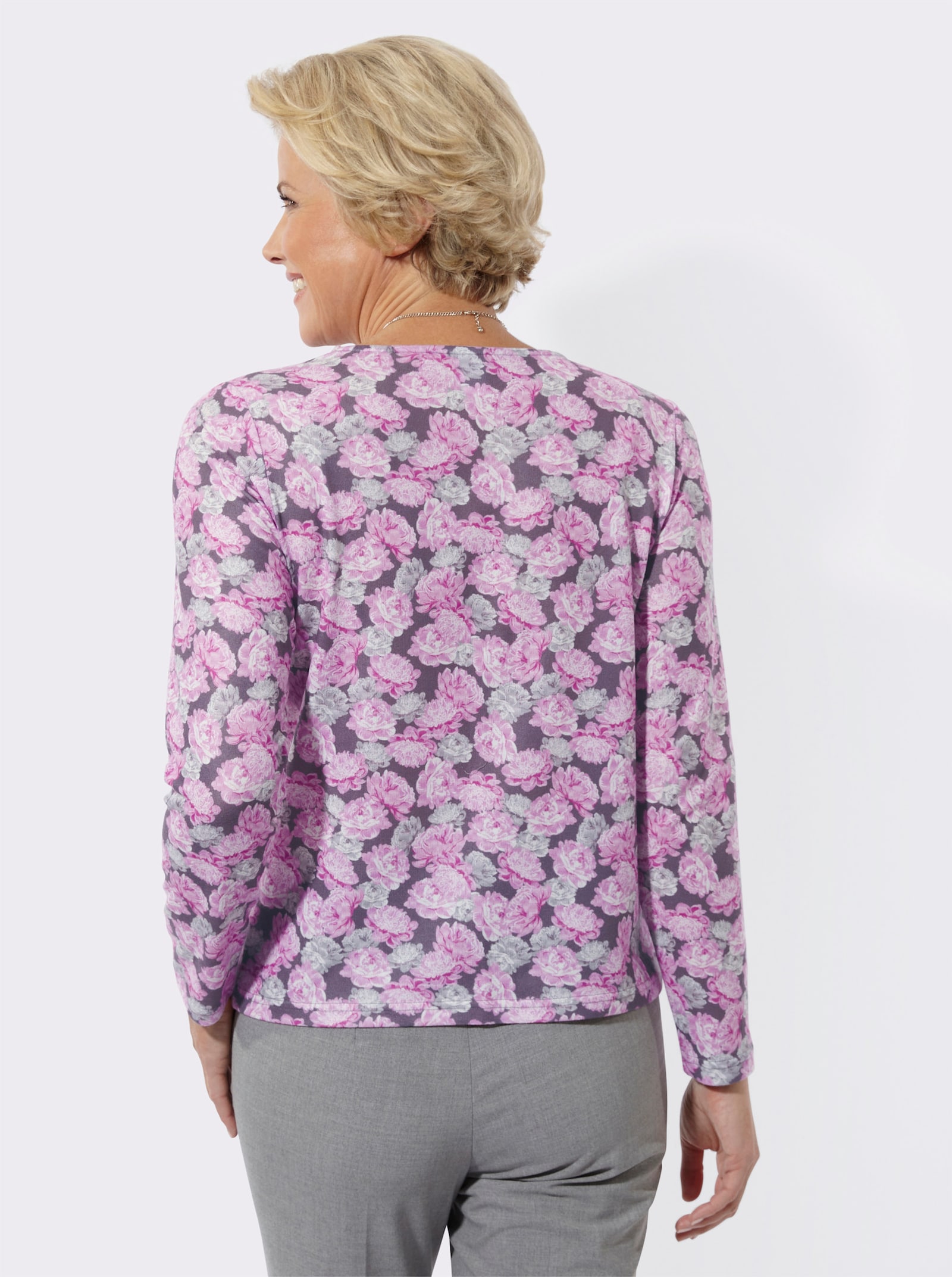 Rundhalspullover im floralen Dessin - steingrau-erika-bedruckt