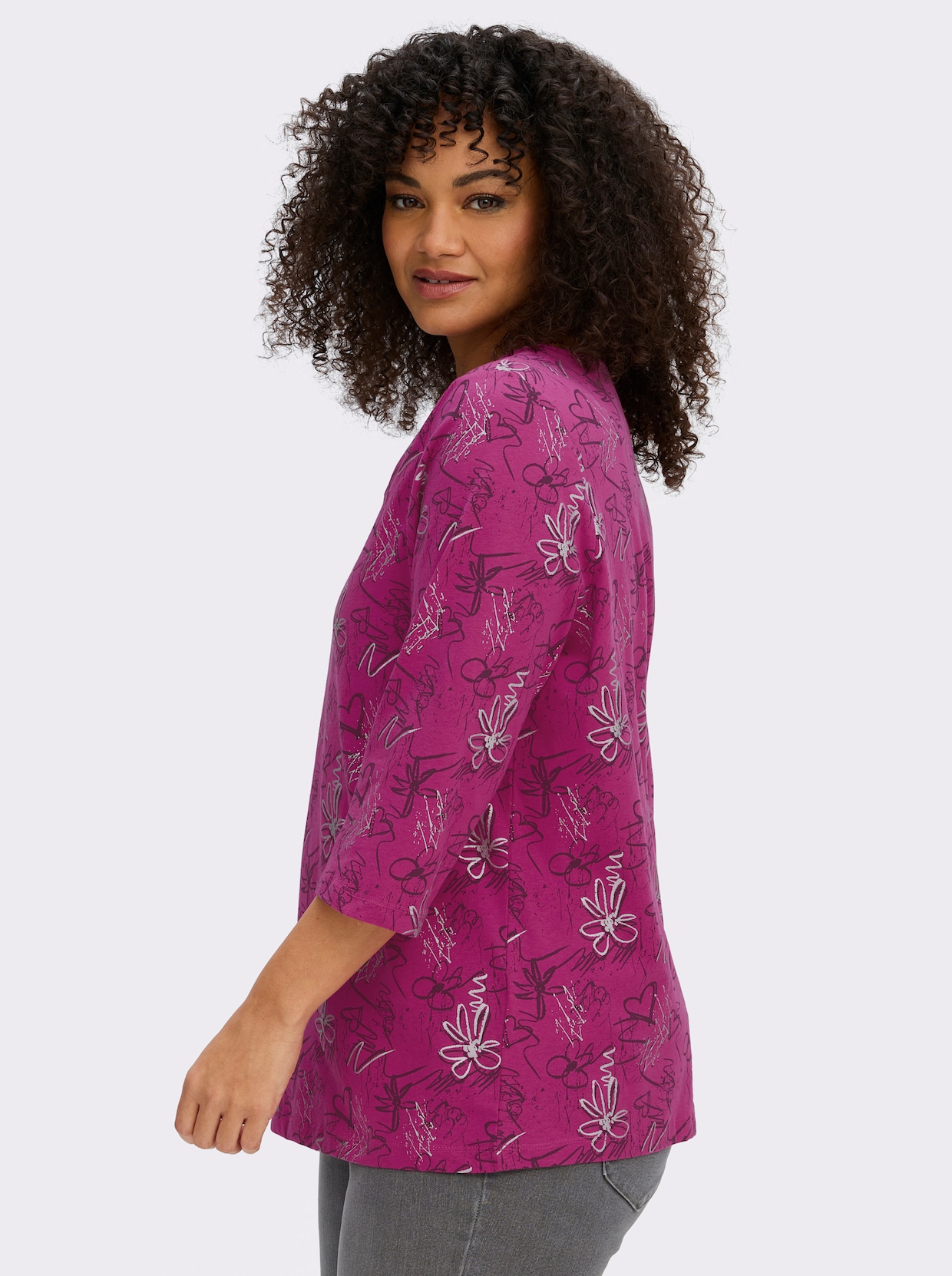 3/4-Arm-Shirt mit Herzen und Blüten verziert - fuchsia