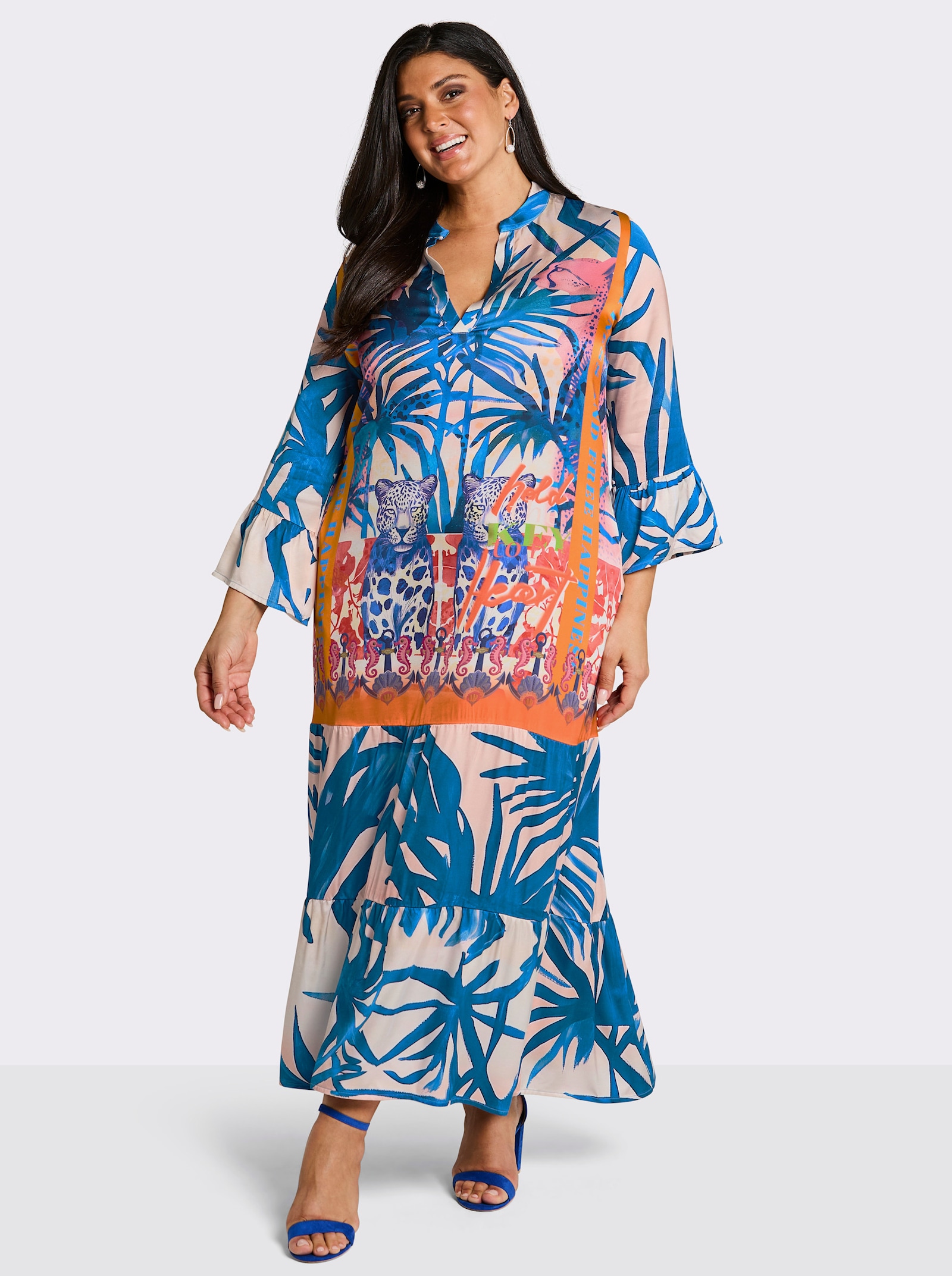 sheego loves miss goodlife Volantjurk in maxilengte - ecru/middenblauw bedrukt