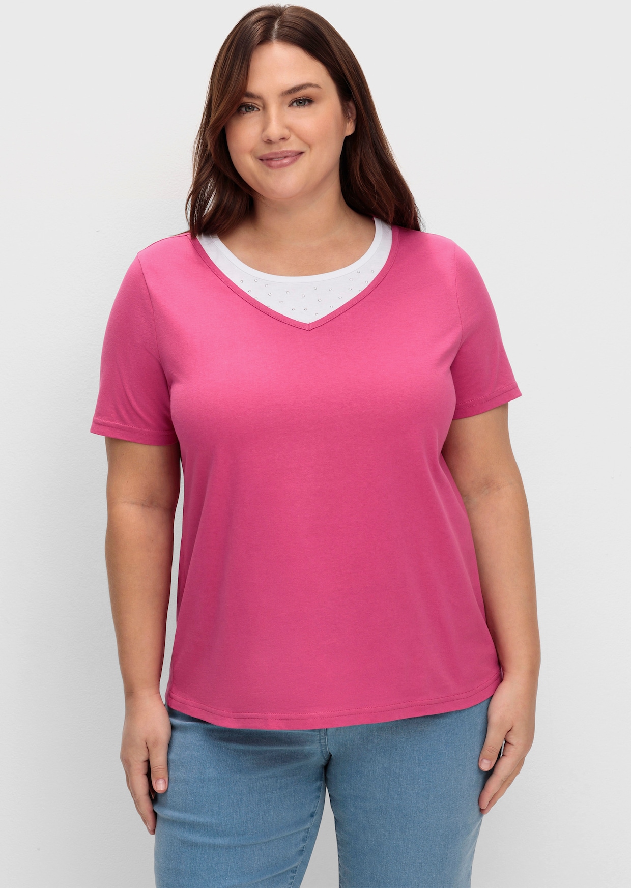 Kurzarmshirt mit Ziersteinchen - fuchsia