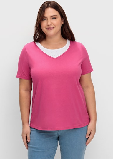 Kurzarmshirt mit Ziersteinchen - fuchsia