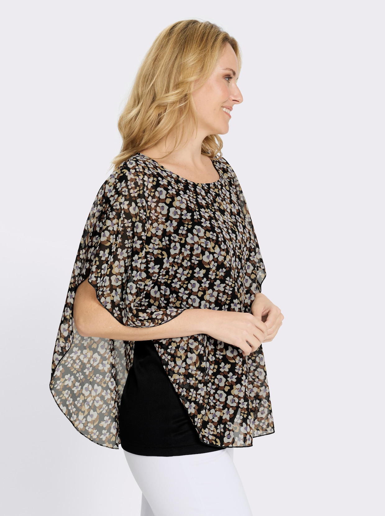 Schlupfbluse im Lagenlook - schwarz-braun-bedruckt