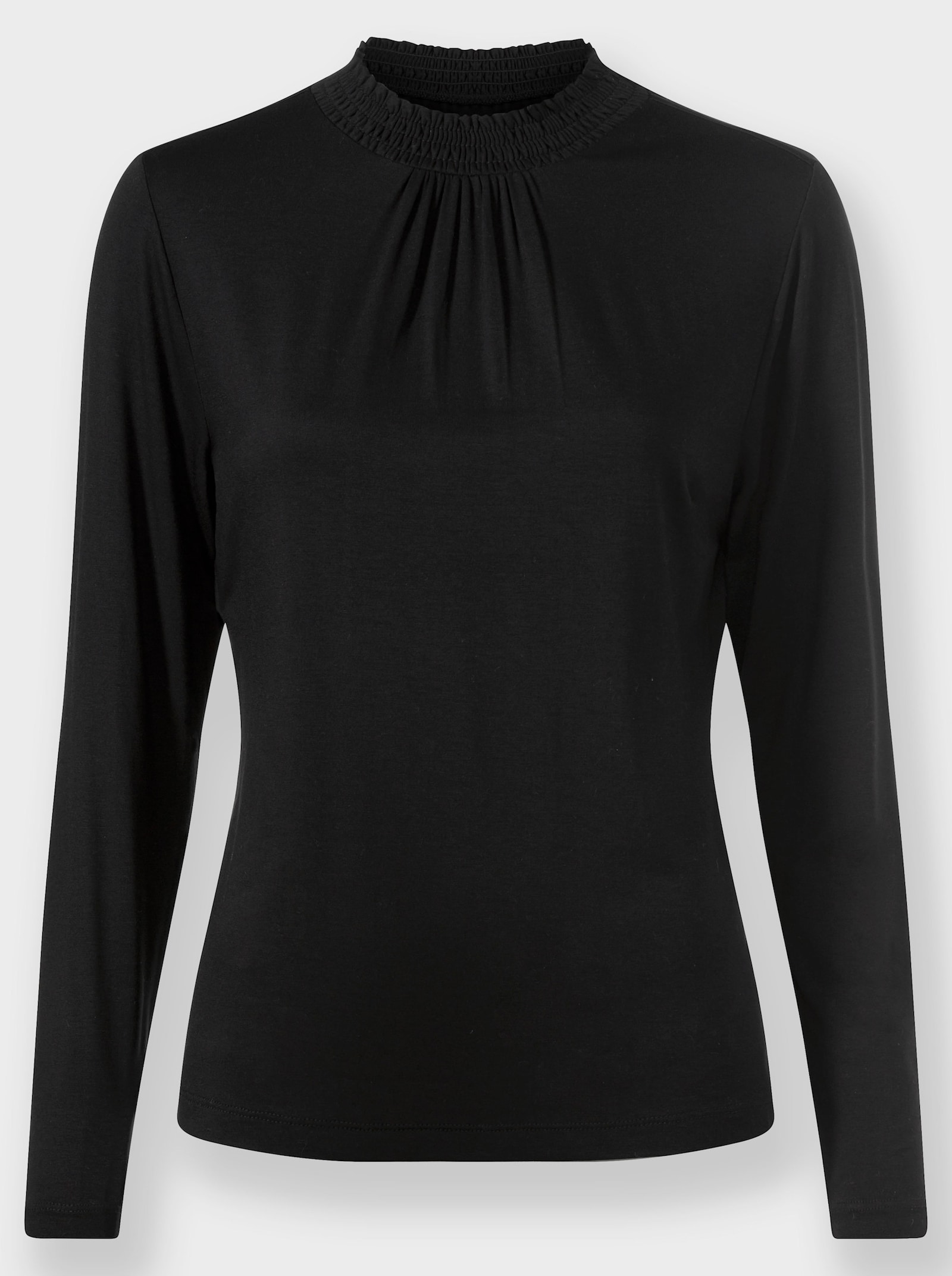 Stehkragenshirt mit gesmokten Kragen - schwarz