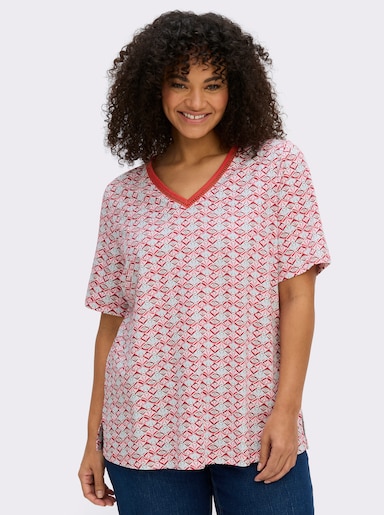 sheego V-Shirt mit Alloverdruck - koralle-bordeaux-bedruckt