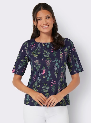 Rundhalsshirt im floralen Dessin - marine-altrosa-bedruckt