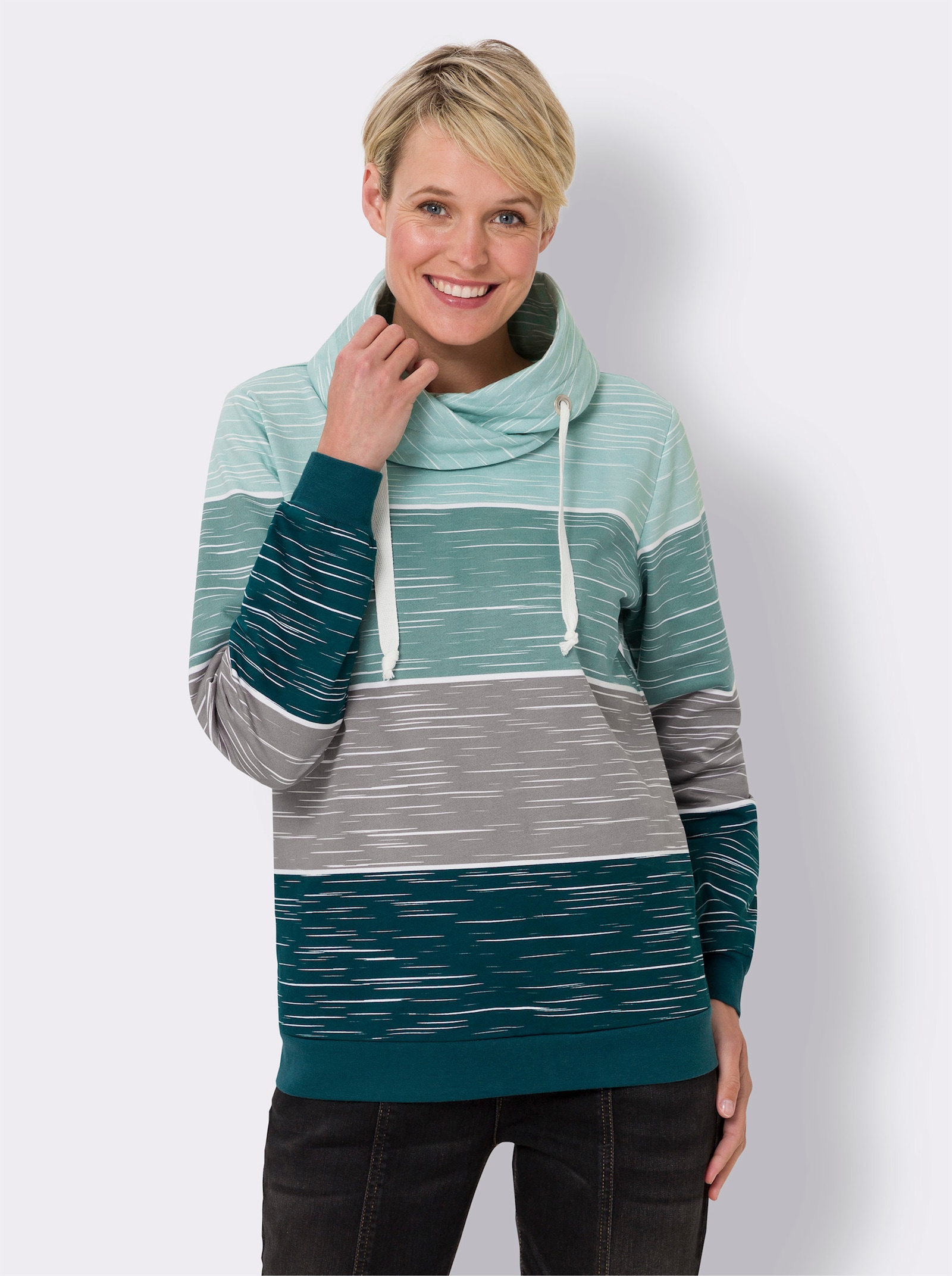 Sweatshirt mit überlappendem Rollkragen - petrol-kalkmint-bedruckt