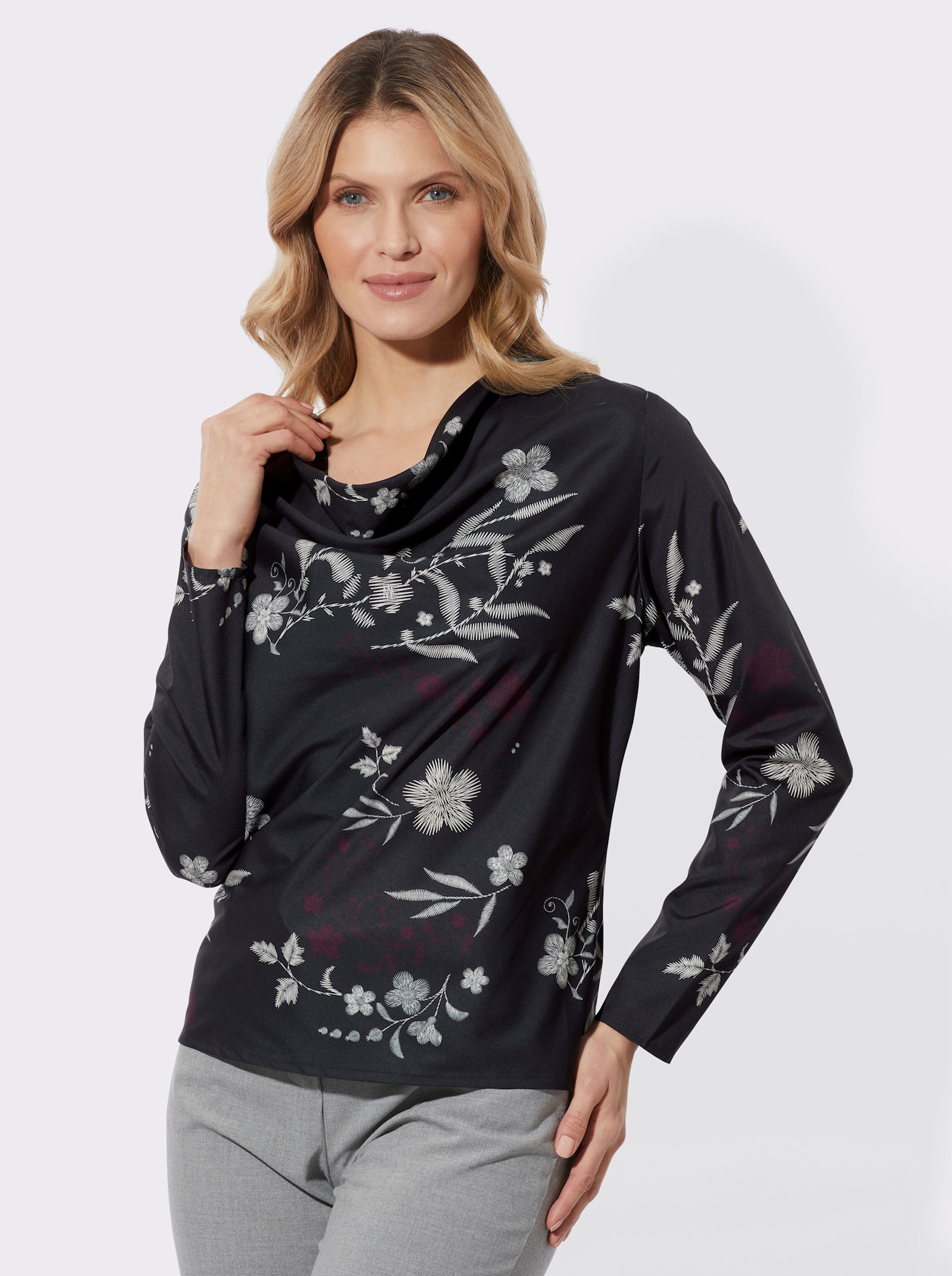 Tunika mit Wasserfall-Ausschnitt - schwarz-champagner-bedruckt