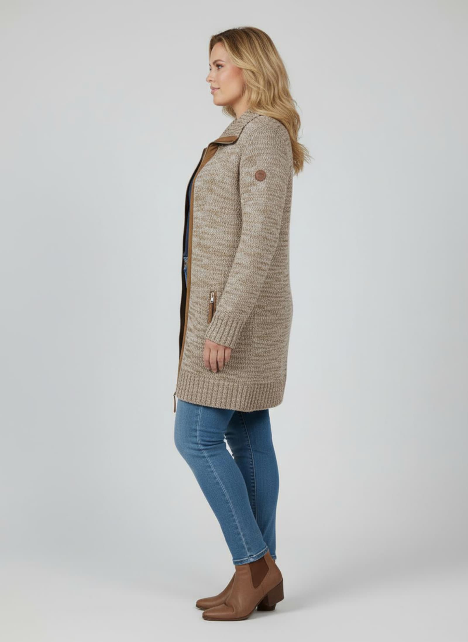 Longstrickjacke mit Troyerkragen - braun-ecru-meliert