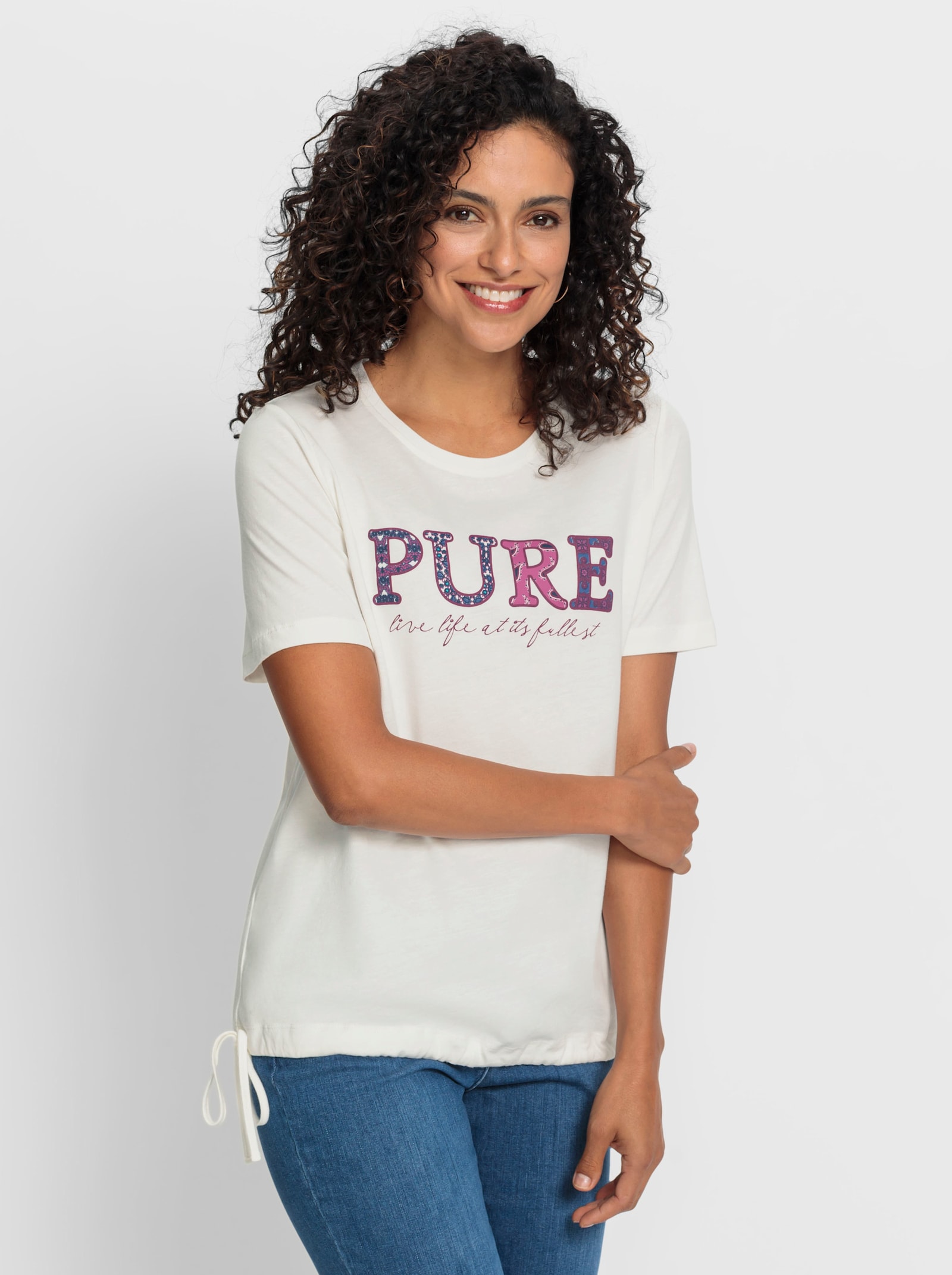 Kurzarmshirt mit Bindeband am Saum - ecru-bedruckt