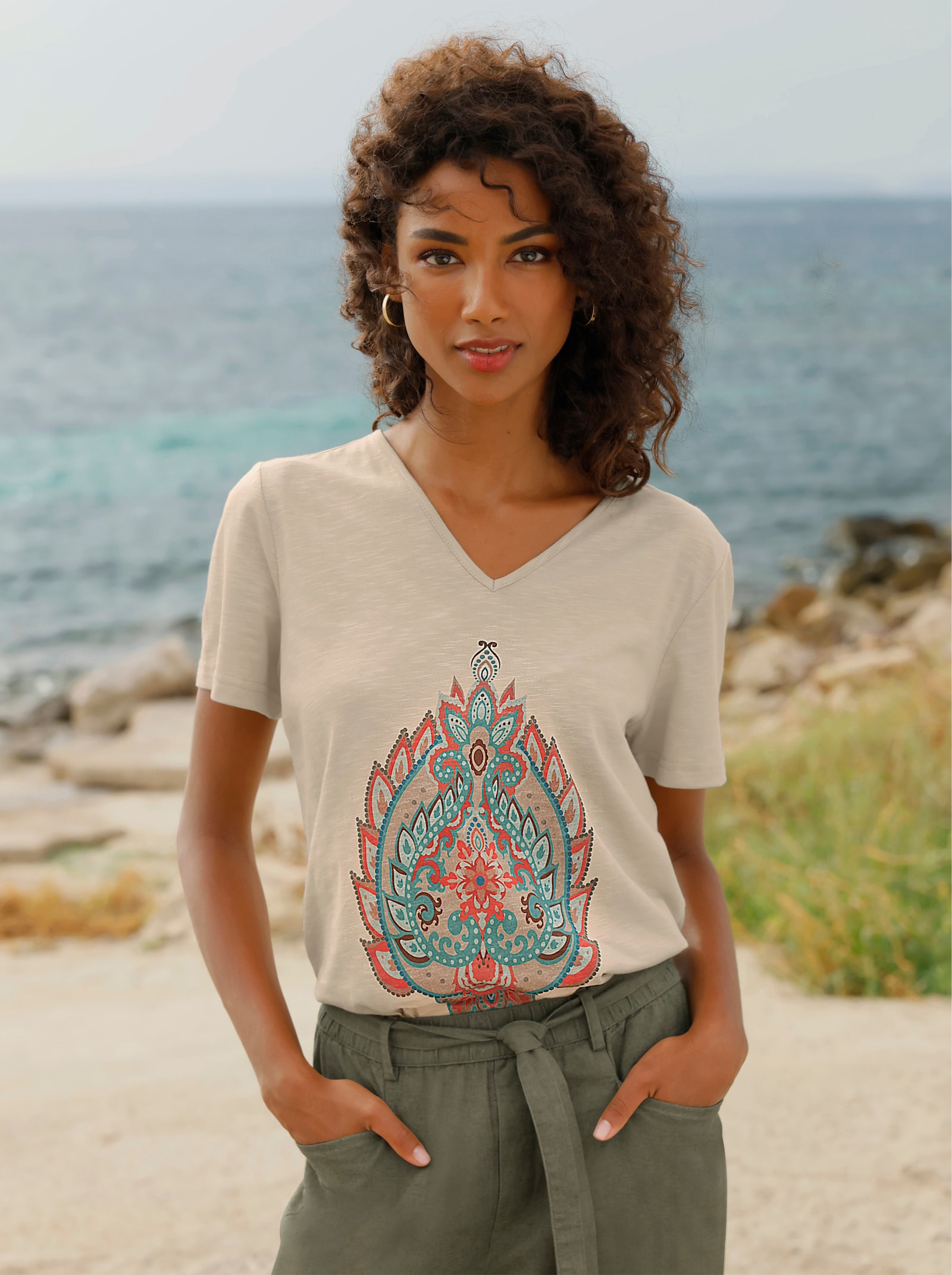 heine Print-Shirt aus Flammgarn - sand