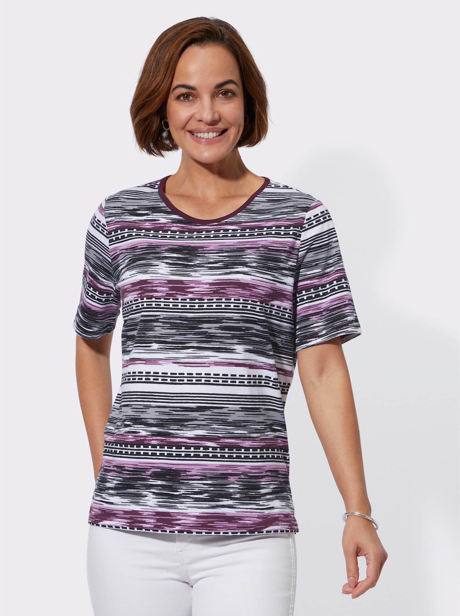 Print-Shirt im grafischen Streifendessin - burgund-steingrau-bedruckt