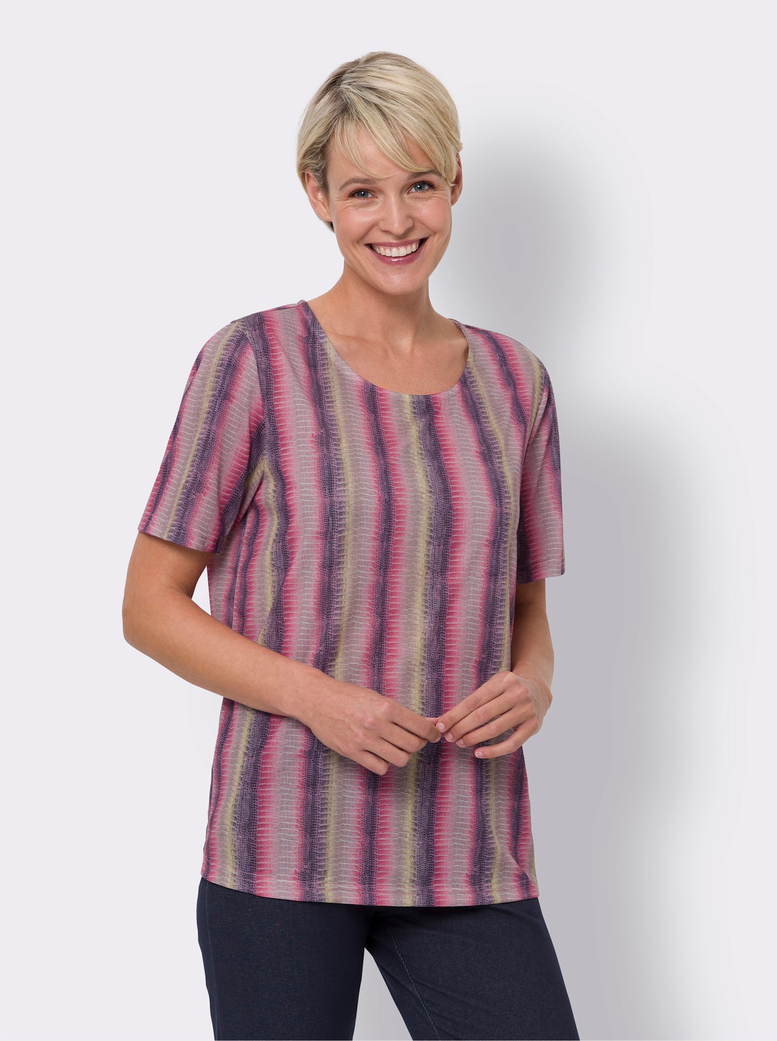 Kurzarmshirt mit Längsstreifen - pink-limone-bedruckt