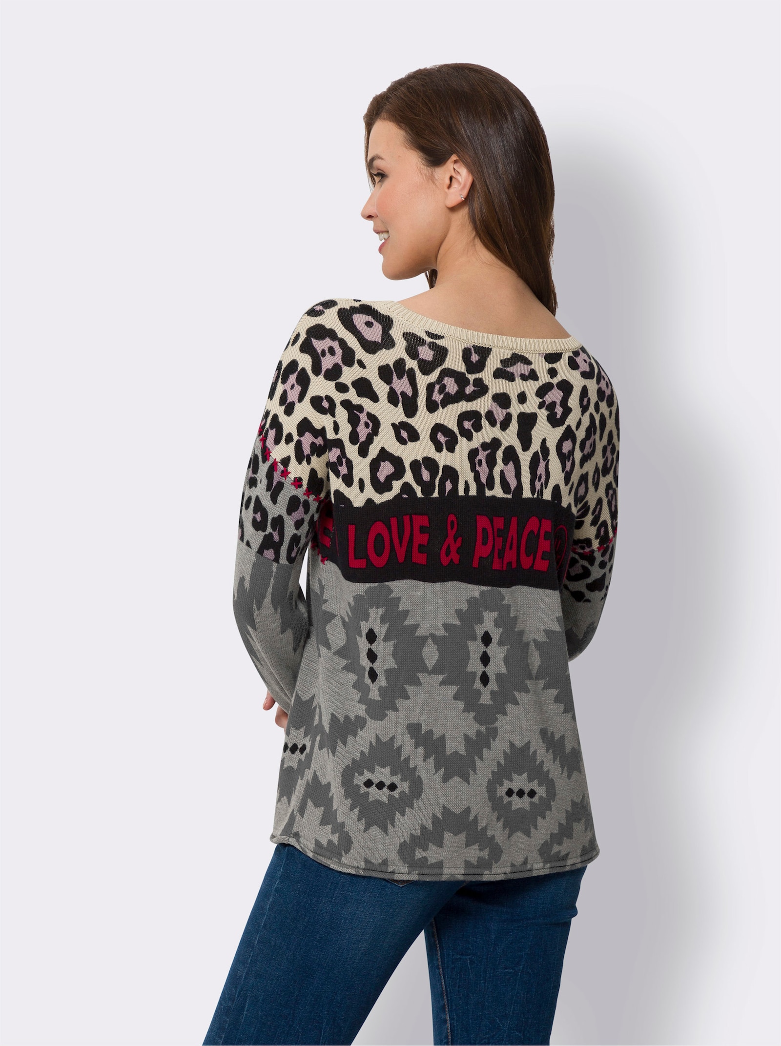 heine Feinstrickpullover im Mustermix, mit Schriftzug - grau-mauve-gemustert