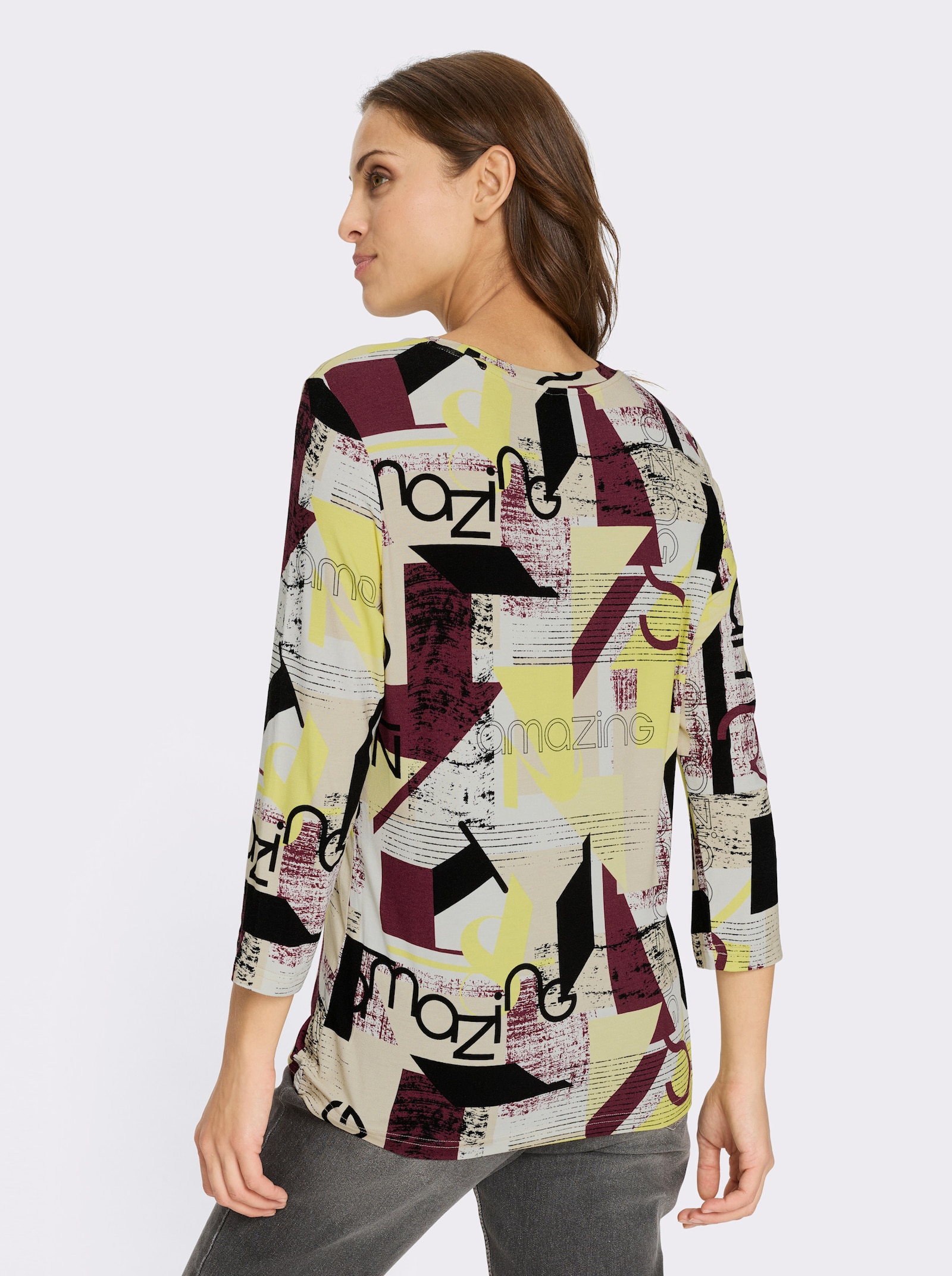 Print-Shirt mit 3/4-Ärmeln - limone-burgund-bedruckt