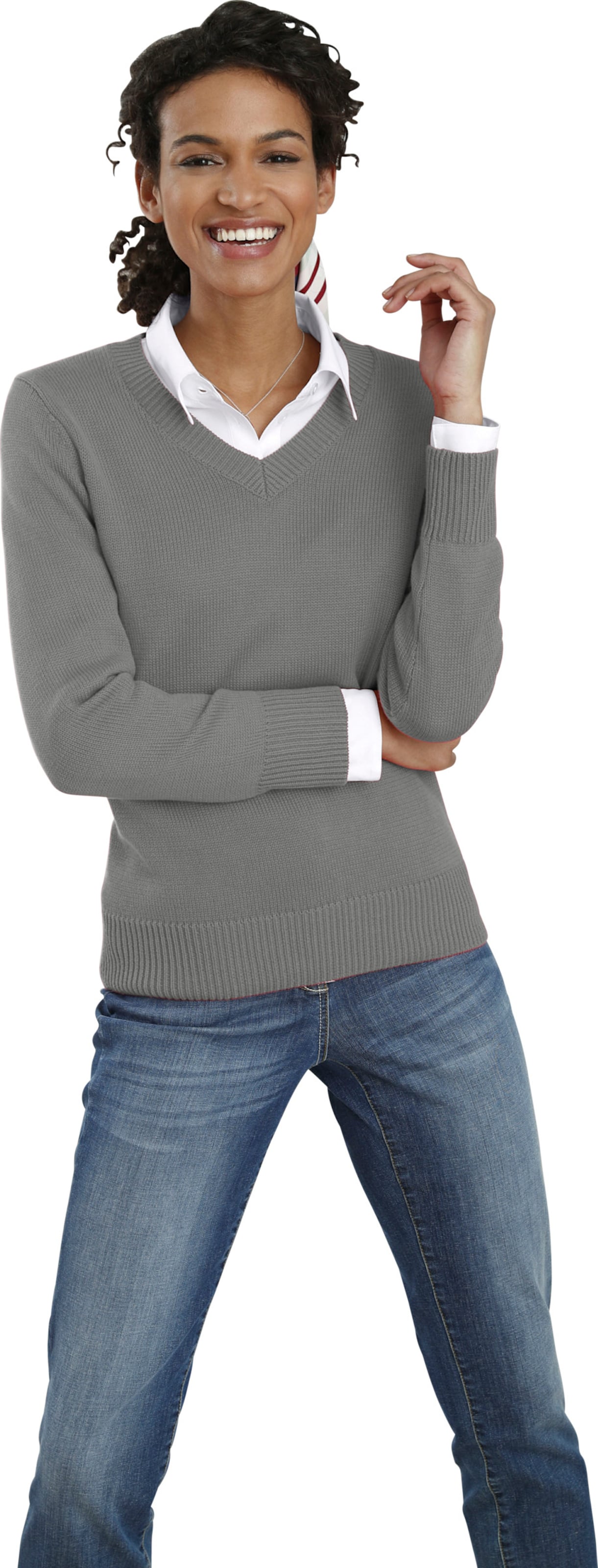 Casual Looks Damen Grau V-Ausschnitt-Pullover "Pullover", Gr. 54, (, Meliert), 50% Baumwolle, 50% Polyacryl, Unifarben, Figurumspielend, Pullover - Bild 4
