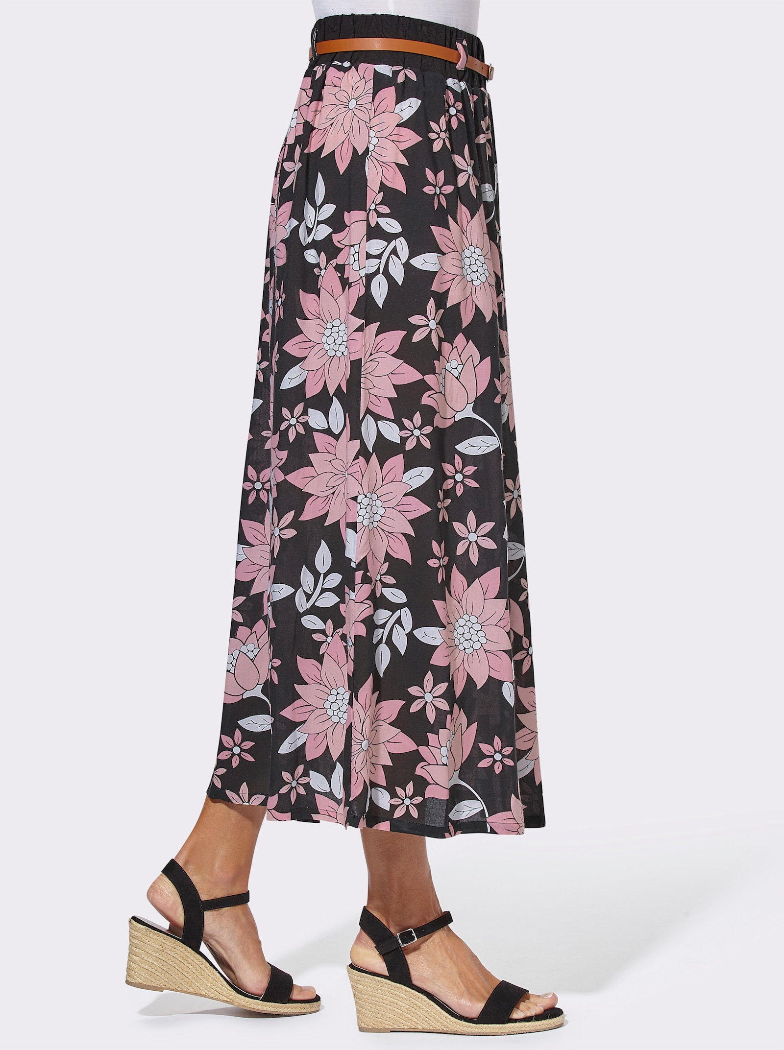 Bahnenrock inklusive Lederoptik-Gürtel - schwarz-gemustert