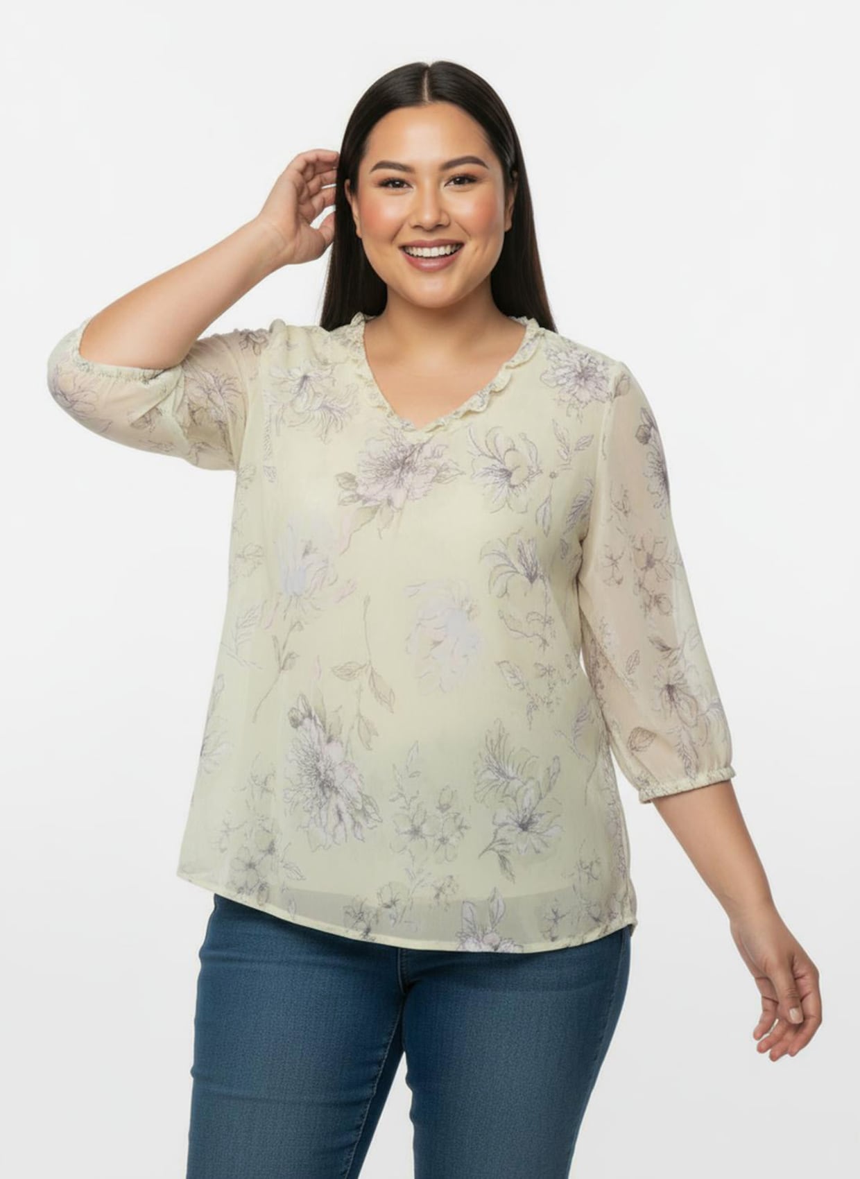 Schlupfbluse mit Volant am Ausschnitt - sand-hortensie-bedruckt