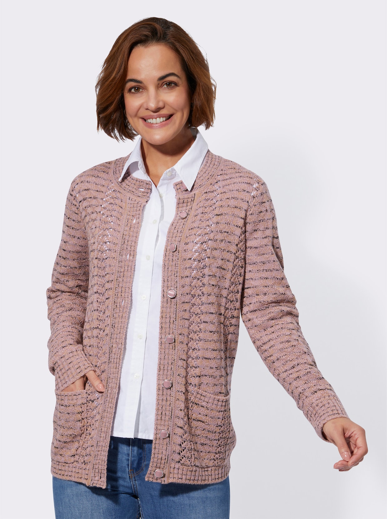 Ajourstrickjacke - mauve-meliert