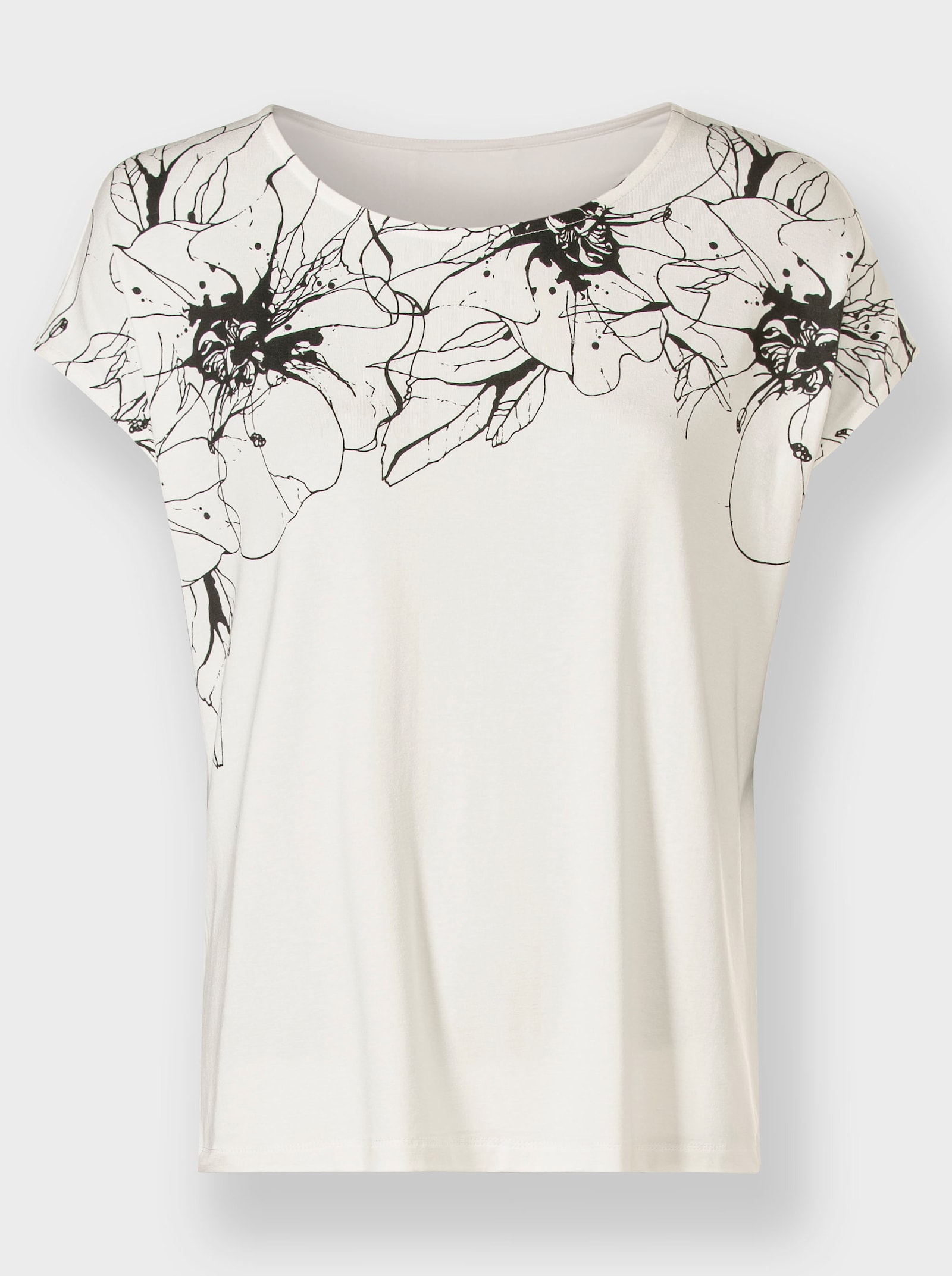 Tričko, krátke rukávy, kvety - svetlobéžovo-čierna potlač