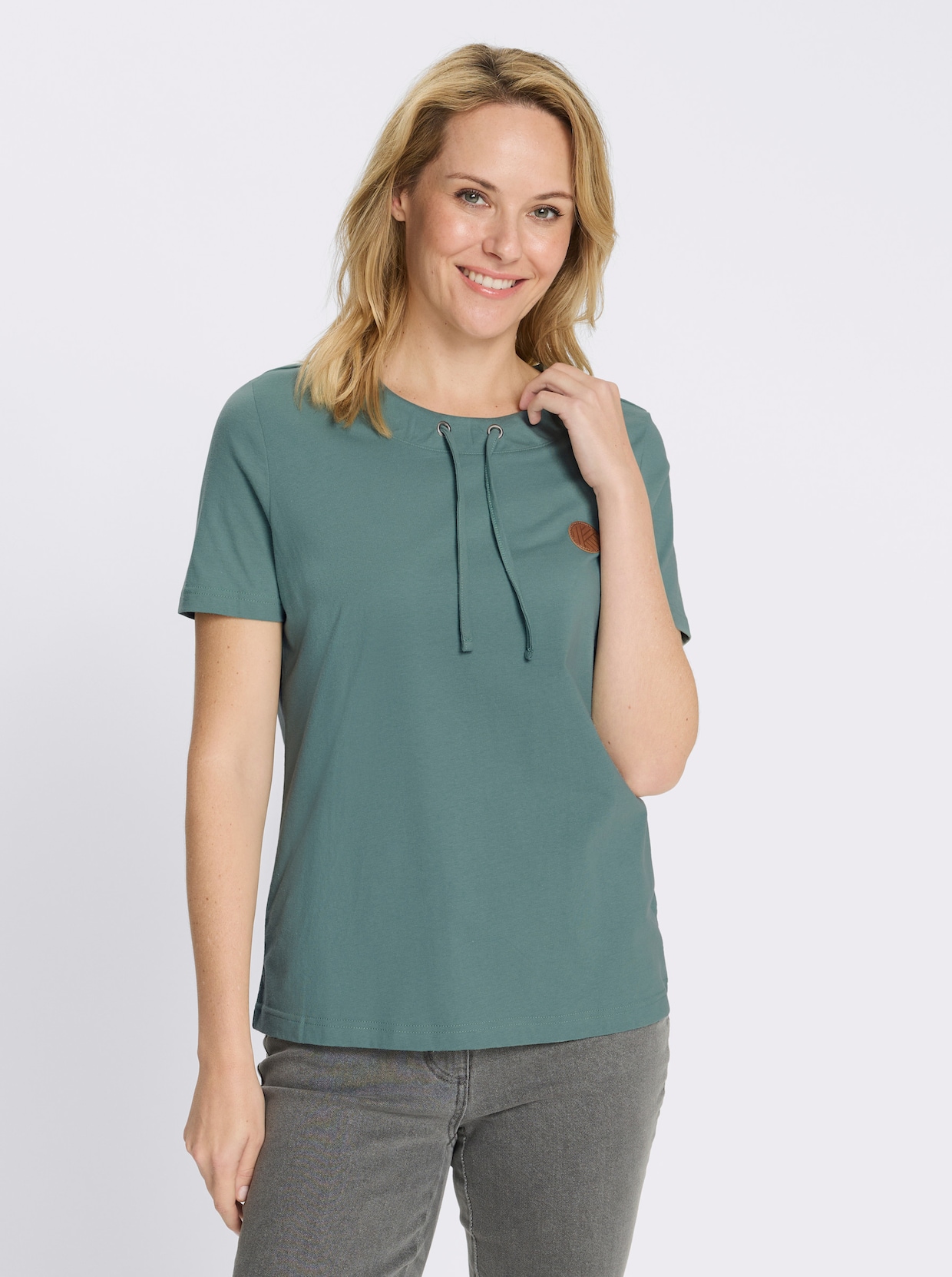 Kurzarmshirt mit Tunnelzug am Ausschnitt - jade