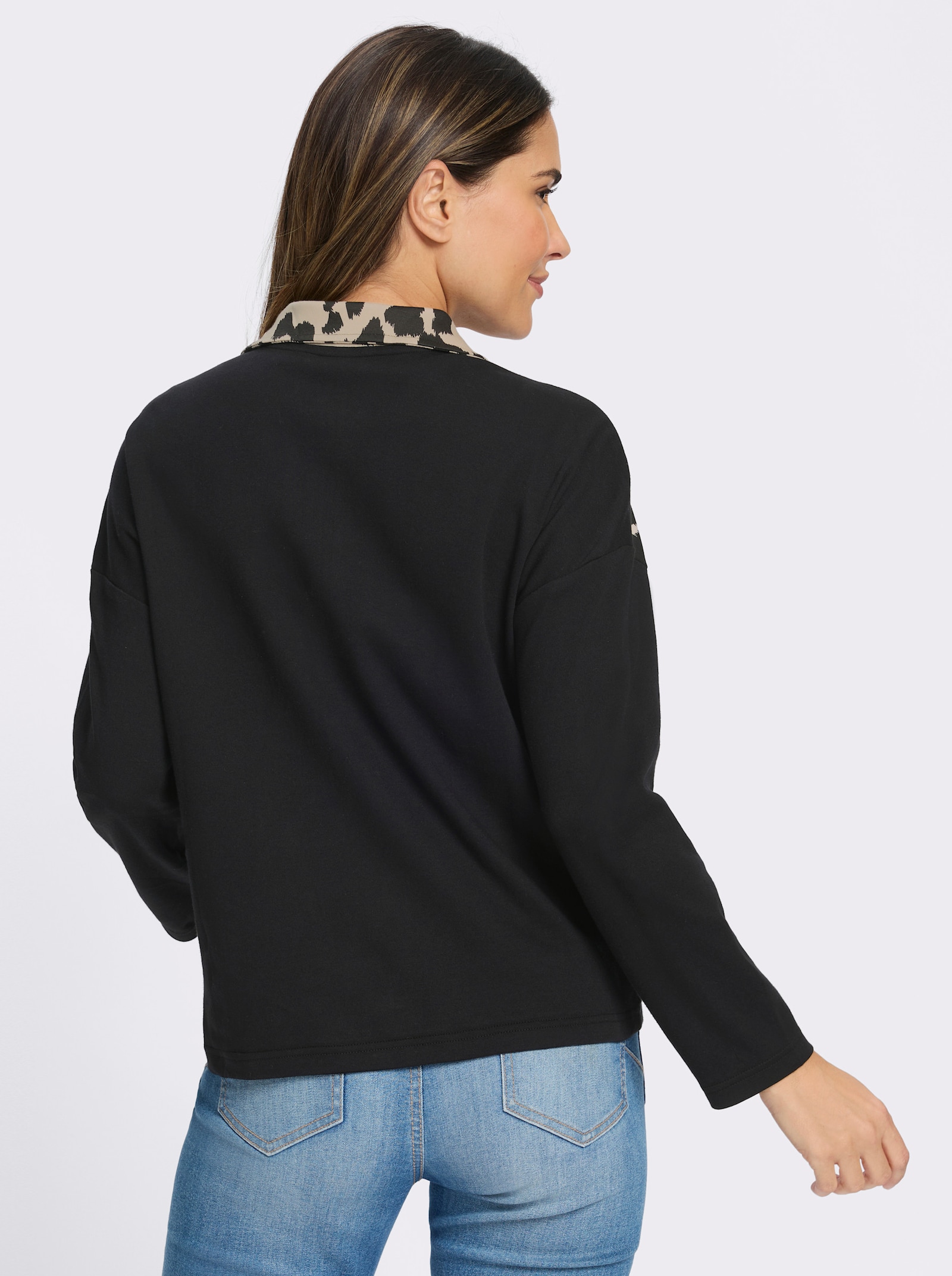 Sweatshirt mit Einsatz im Leo-Look - schwarz-sand-bedruckt