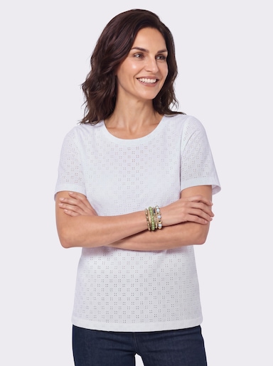 Rundhalsshirt mit Loch-Stickerei - weiß