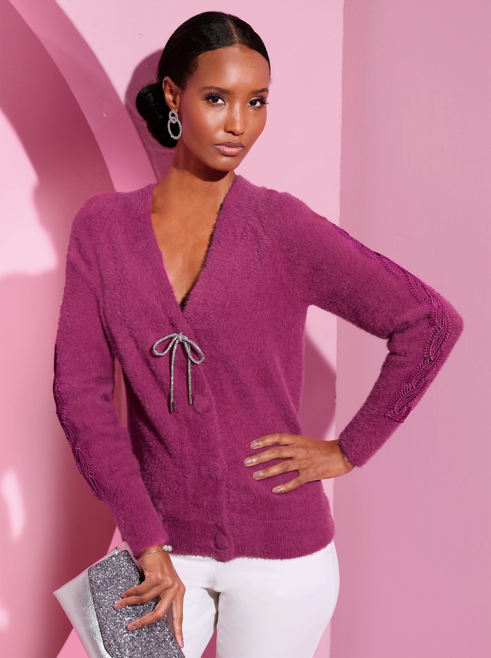 Jack van fijntricot met kanten band in vlechtlook - heide