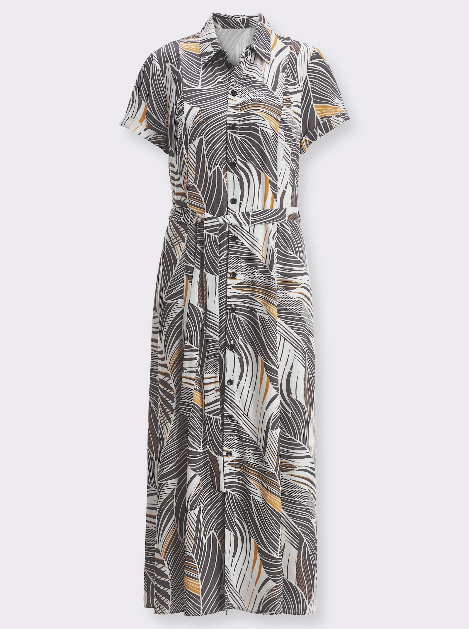 Druckkleid aus reiner, wertiger Viskose - anthrazit-ocker-bedruckt