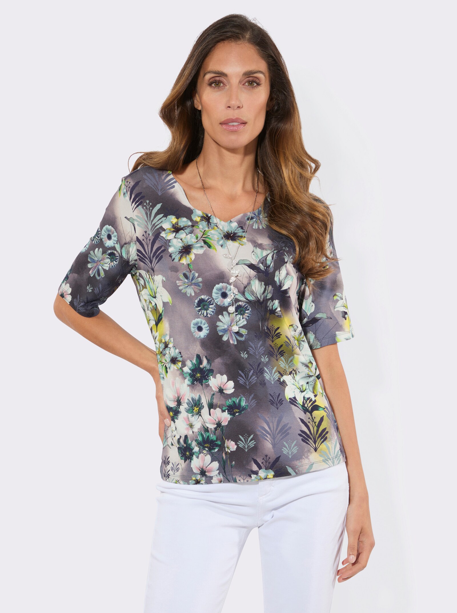 Shirt mit Wellenkante - ecru-mint-bedruckt