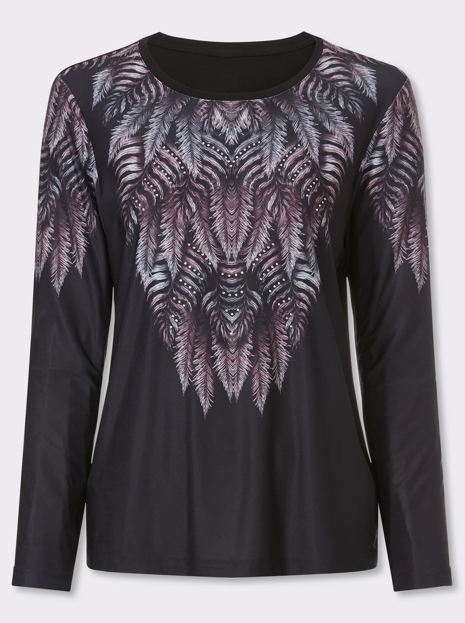 Langarmshirt mit Blättermotiv und Glitzersteinchen - schwarz-hortensie-bedruckt