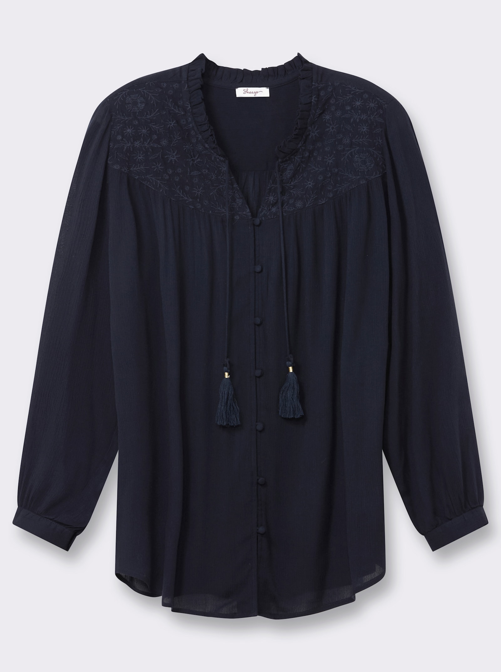 sheego Crinklebluse mit bestickter Passe - tiefblau