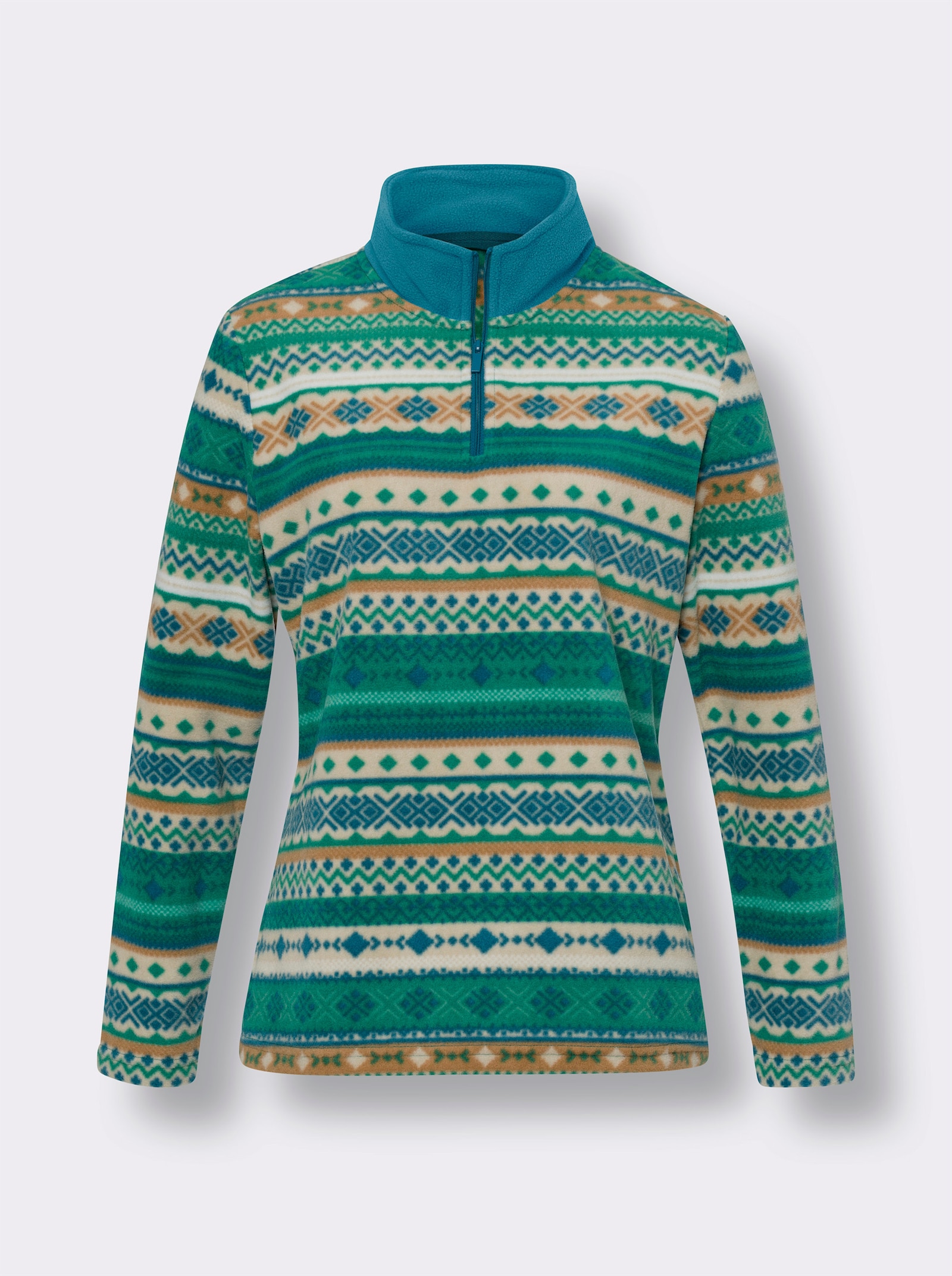 Fleecetröja i norsk stil - smaragd-sand + tryck