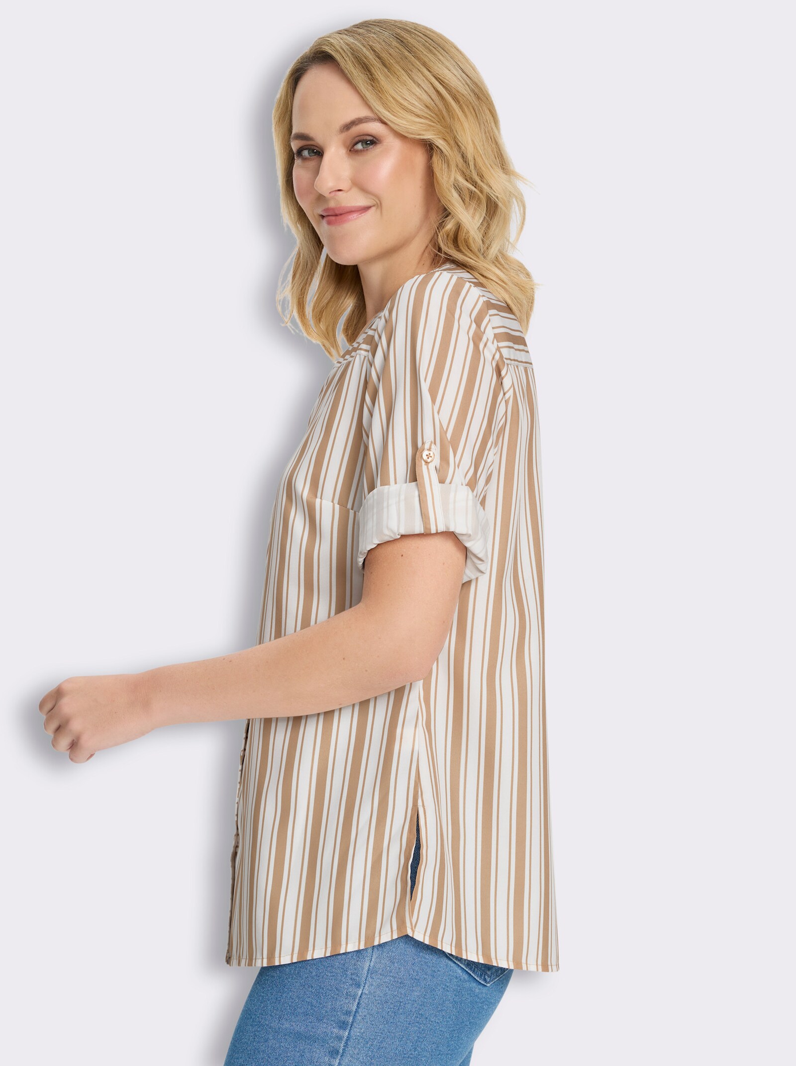 Longbluse mit vertikalem Streifenmuster - camel-weiß-gestreift