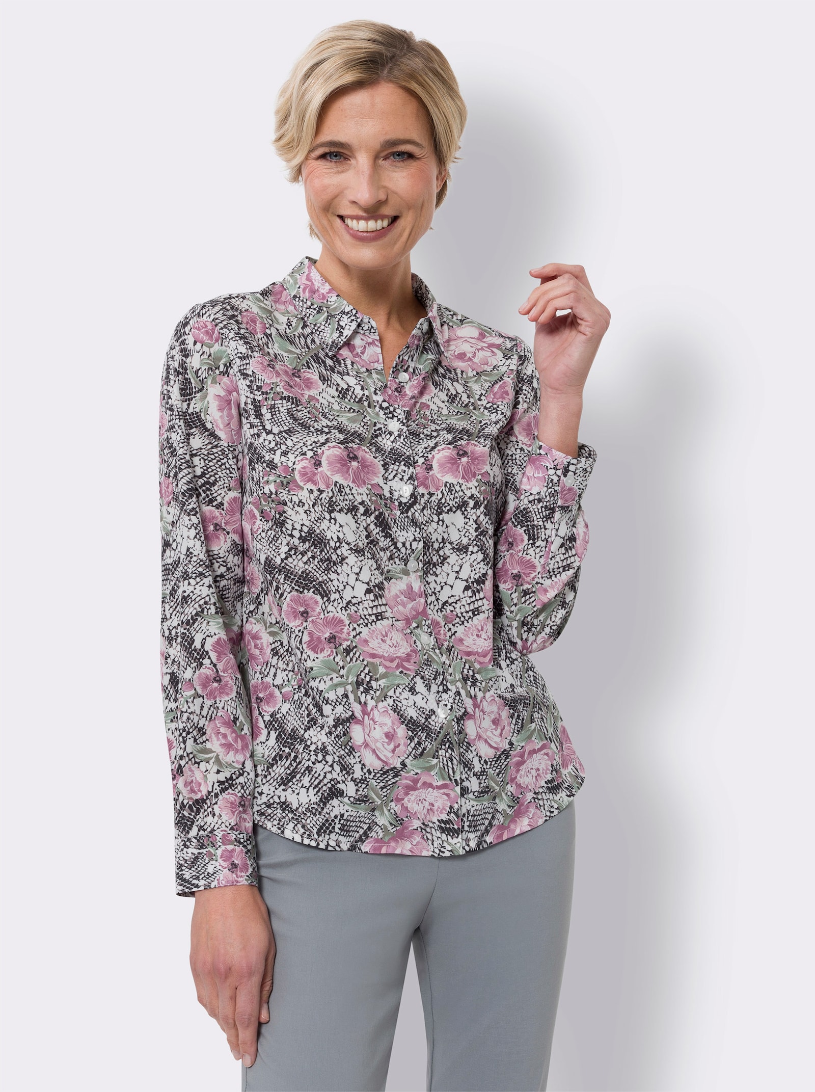 Blouse met print van crêpe - ecru/zwart geprint