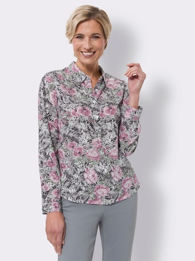 Druckbluse in Crêpe-Qualität - ecru-schwarz-bedruckt