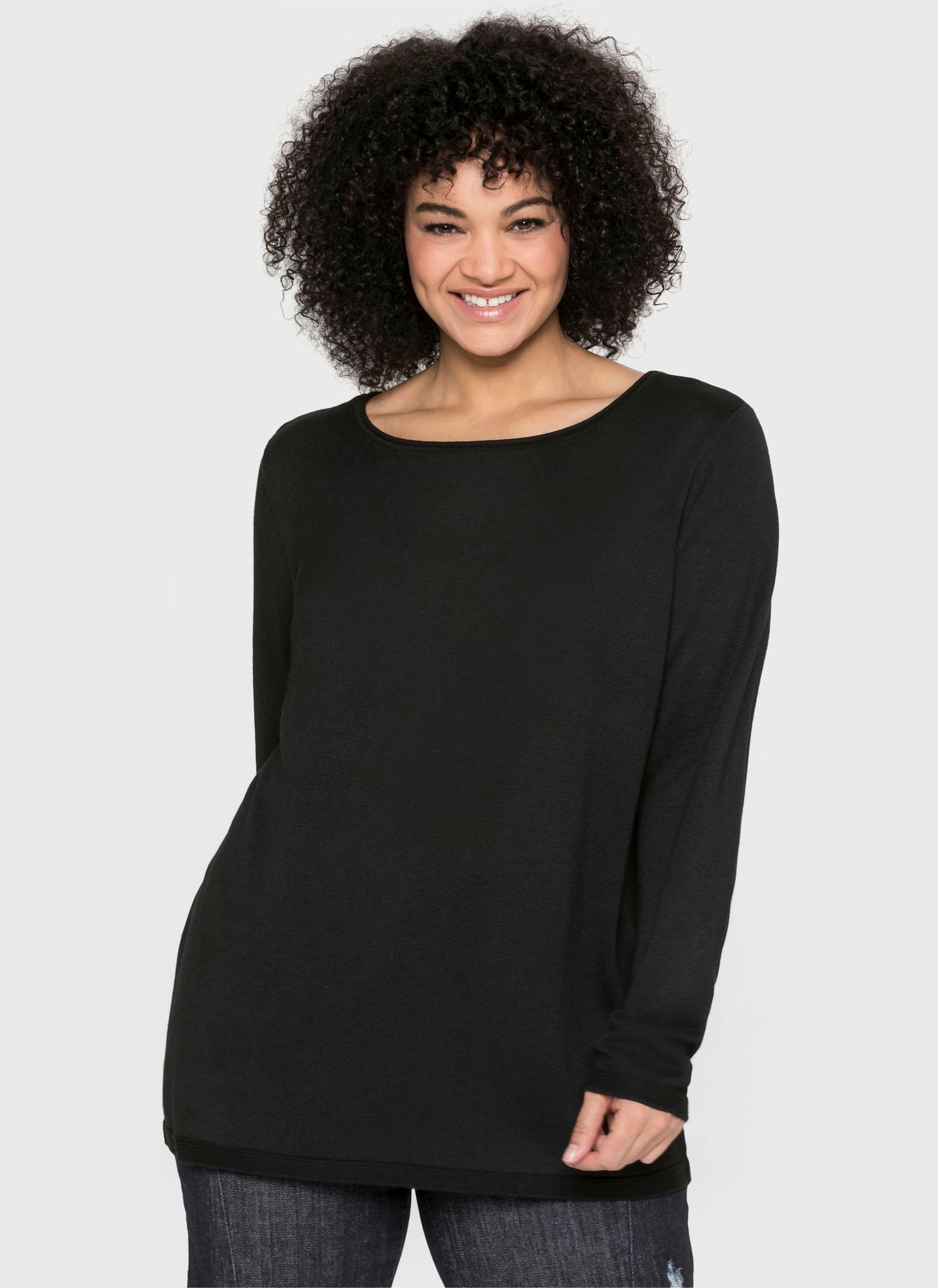 sheego Longpullover mit Leinenanteil - schwarz