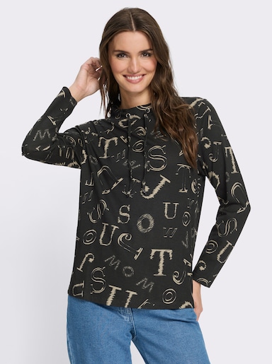 Stehkragenshirt mit Lettering-Print - schwarz-schlamm-bedruckt