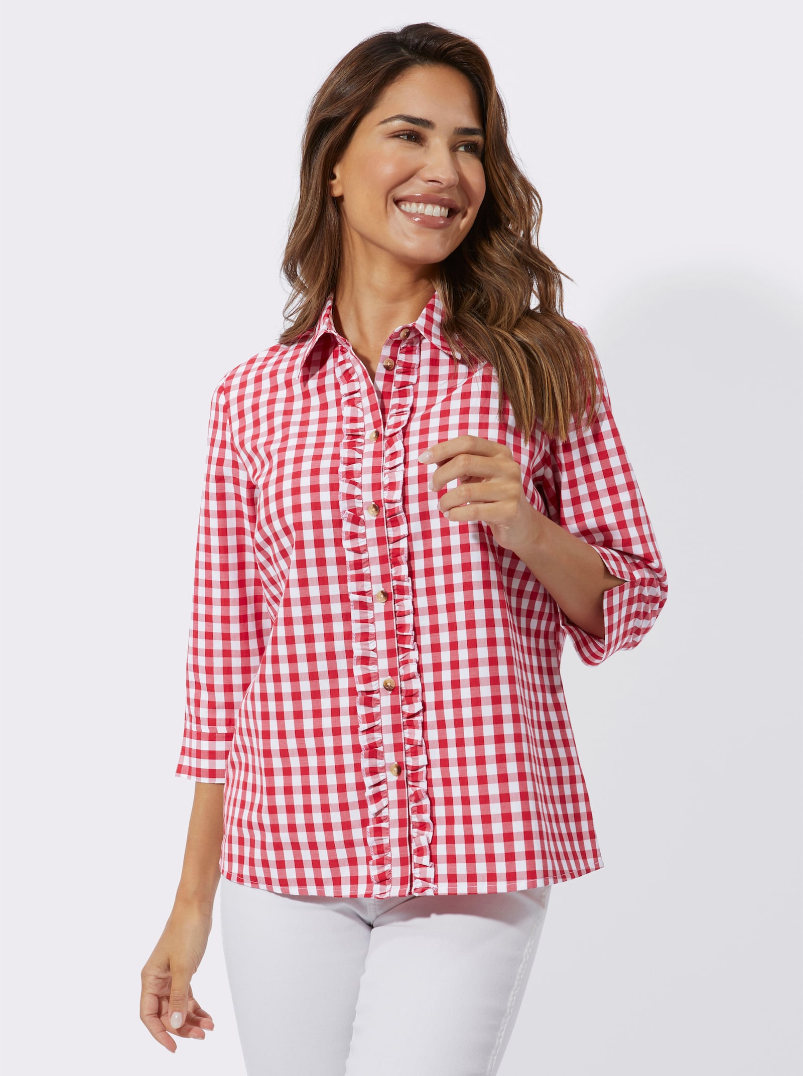 Folkloreblouse met ruches - rood/wit geruit