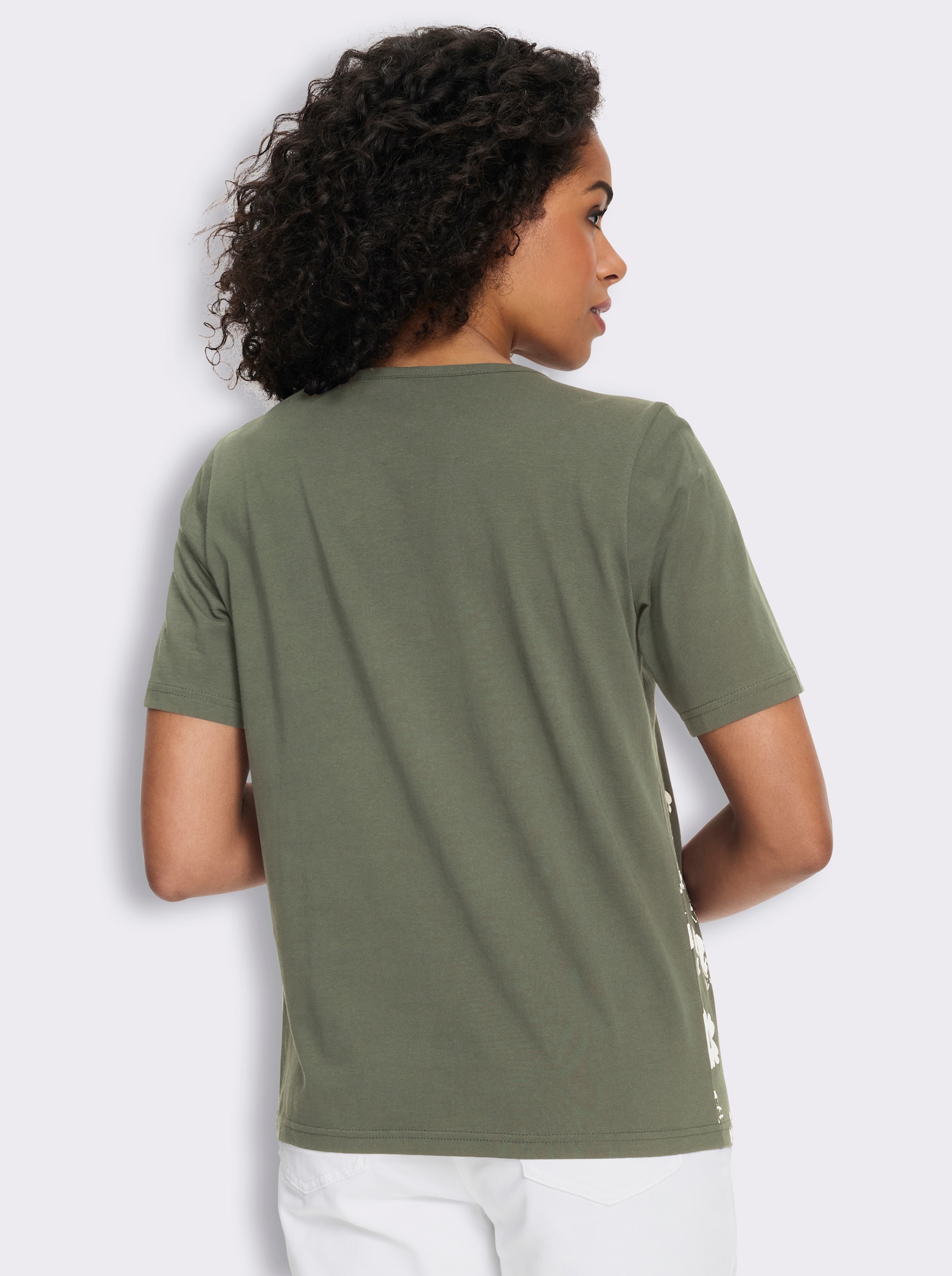 Kurzarmshirt mit Blüten-Druck - khaki-weiß