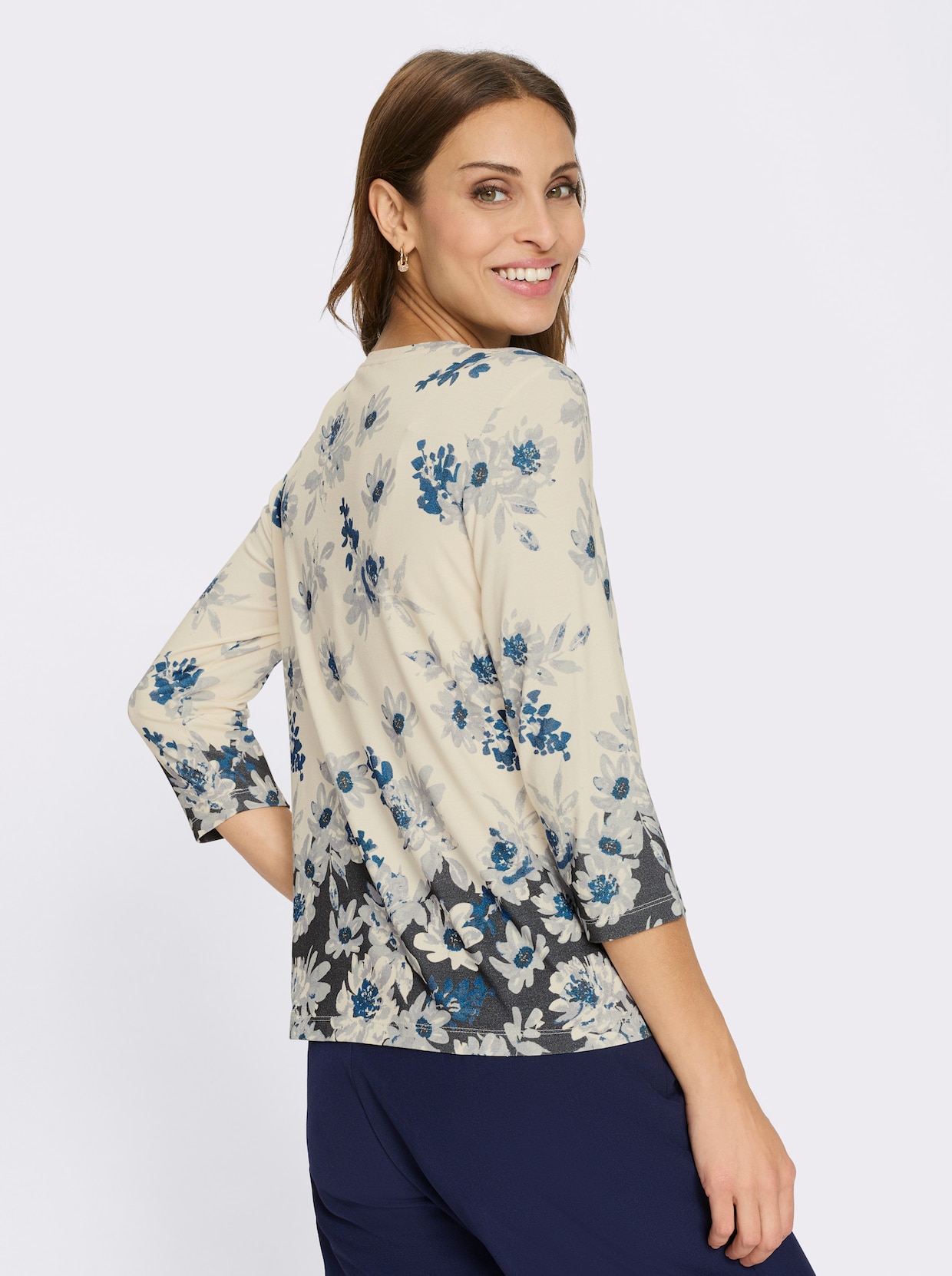Rundhalsshirt - champagner-marine-bedruckt
