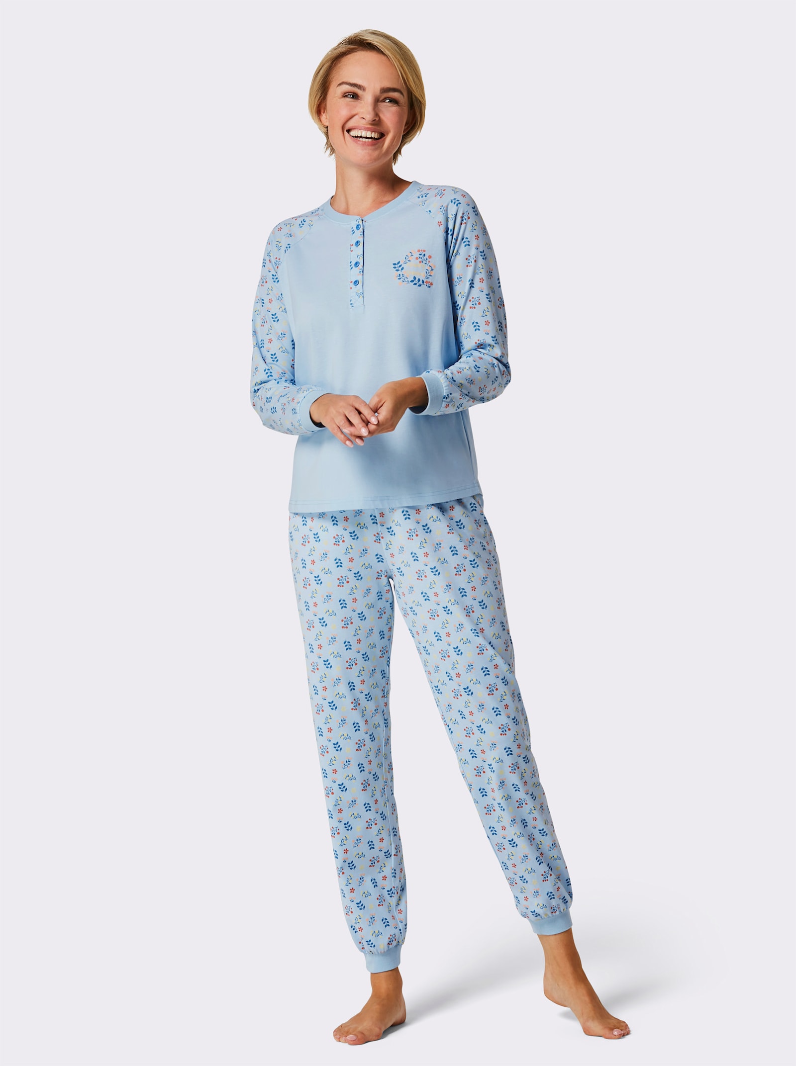 wäschepur Schlafanzug mit Knopfleiste - hellblau-mittelblau-bedruckt