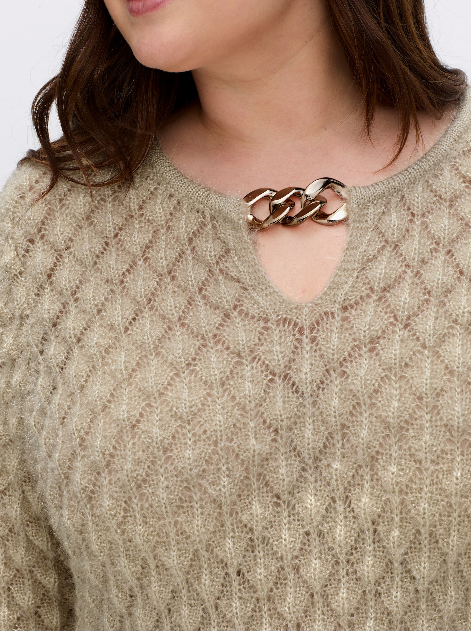 Ajourpullover mit Ketten-Applikation - sand
