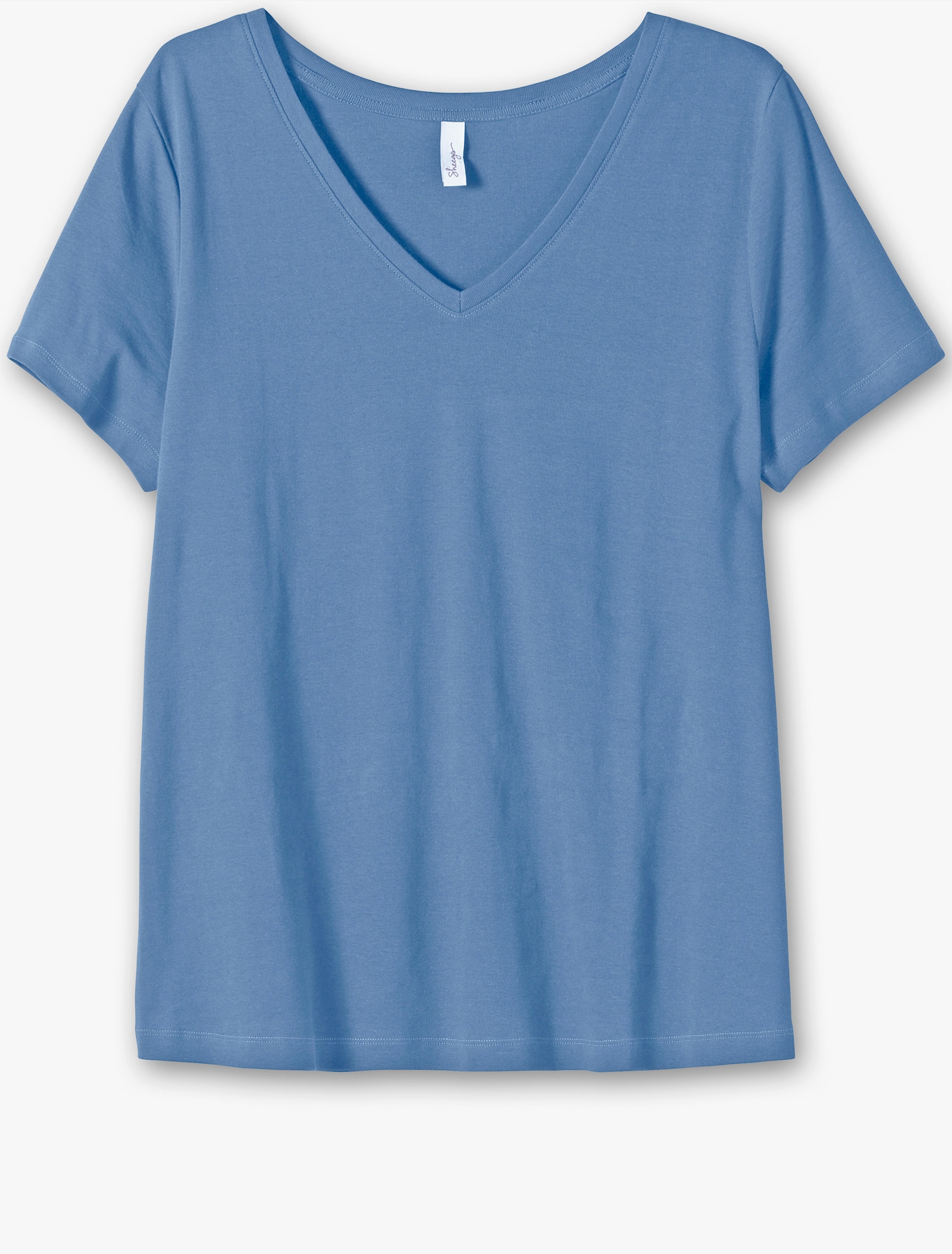 sheego T-shirt met V-hals, ribmateriaal - middenblauw
