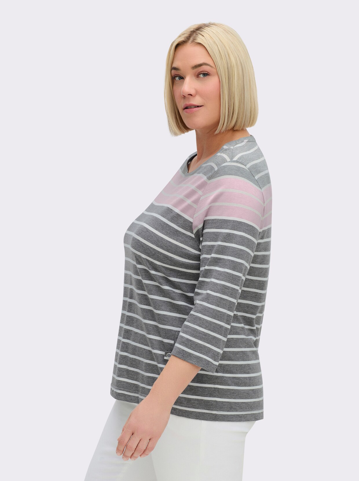 3/4-Arm-Shirt mit 2 imitierten Taschen - grau-rosé-gestreift
