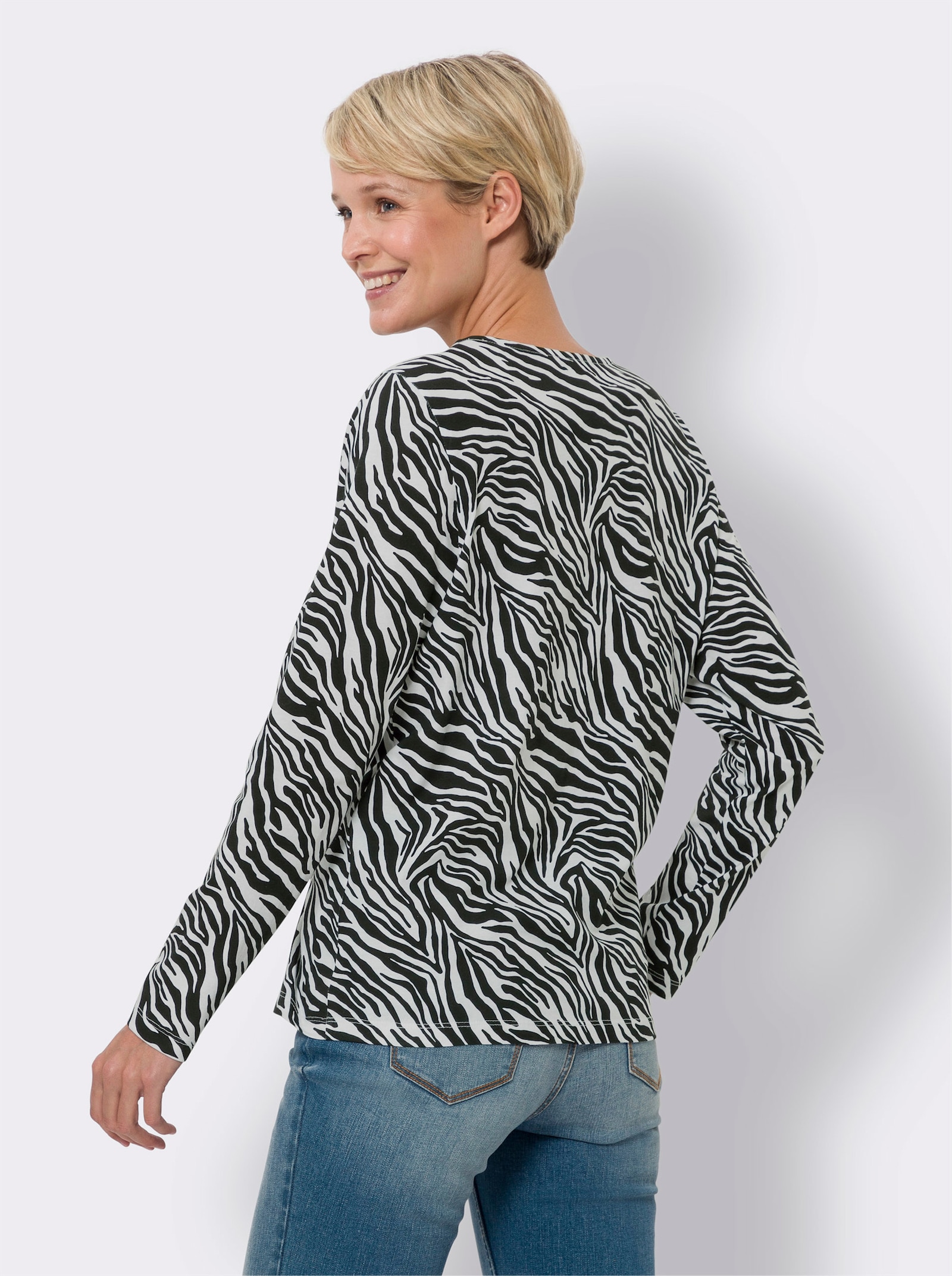 Langarmshirt mit Zebra-Muster - schwarz-ecru-bedruckt